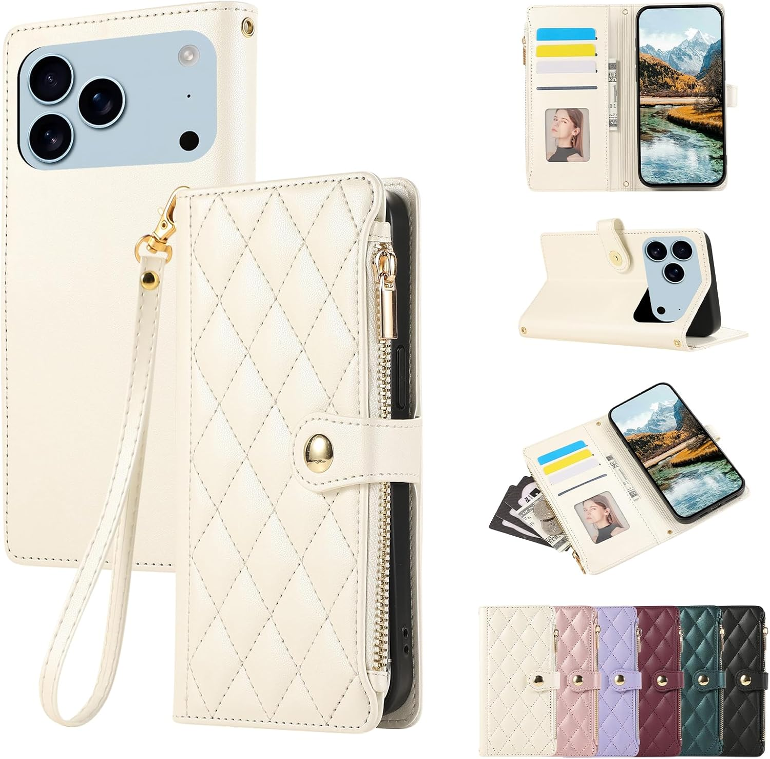 Vaitasy Compatible with Mobile Phone Case Iphone 15 Pro Zip Case Business PU Leather Flip Case for Iphone 15 Pro Protective Case with Card Slot Stand White image number 5