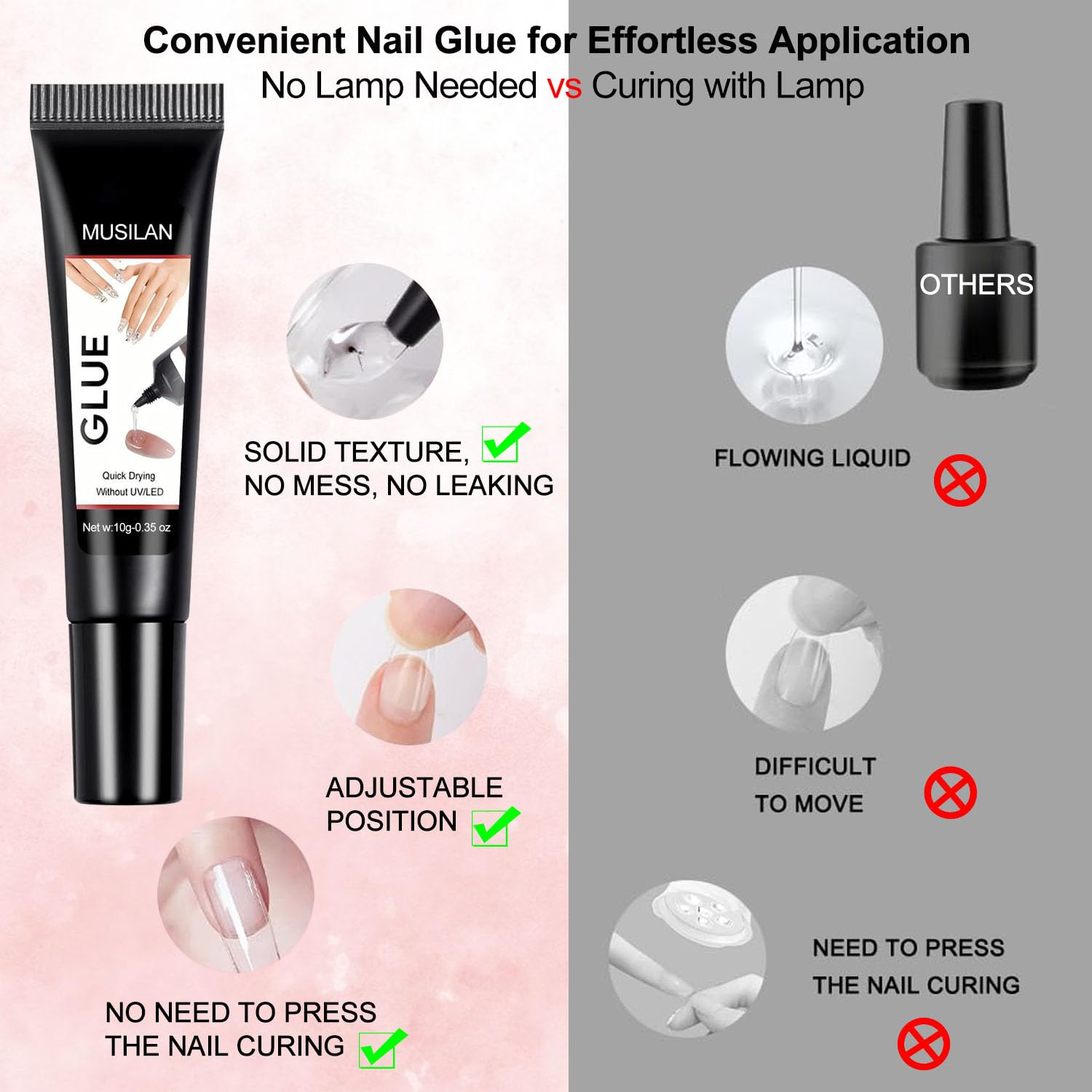 MUSILAN 2PCS Semi Solid Nail Glue, New Super Strong Solid Nail Glue for Acrylic Nails Press Ons Nails Quick Drying No UV Light Long Lasting for Acrylic Fake Nail Tips Chip-Resistant & Longwear Formula image number 4