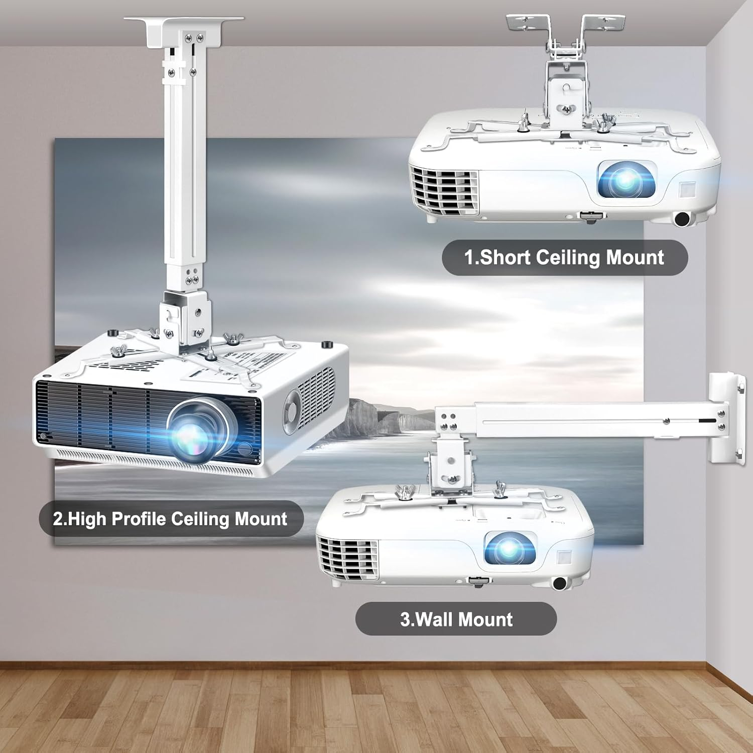 2-Be-Best Projector Ceiling Mount Wide Pipe Universal 3-In-1 Projector Wall Mount Bracket with Adjustable Arm, Flush Mount Option, Built-In Cable Management for Office Home White image number 1