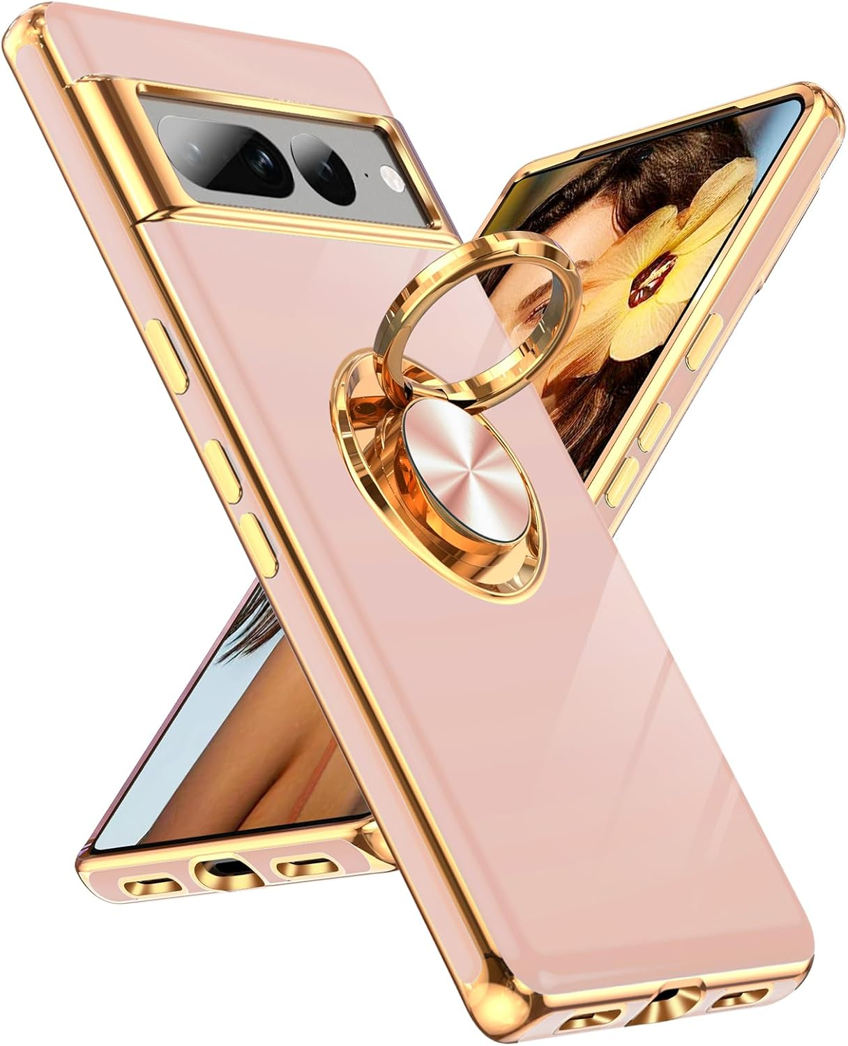 Leyi for Google Pixel 7 Pro Case: 360&deg; Rotatable Ring Holder Magnetic Kickstand, Plating Rose Gold Edge Protective Google Pixel 7 Pro Case, Pink image number 1