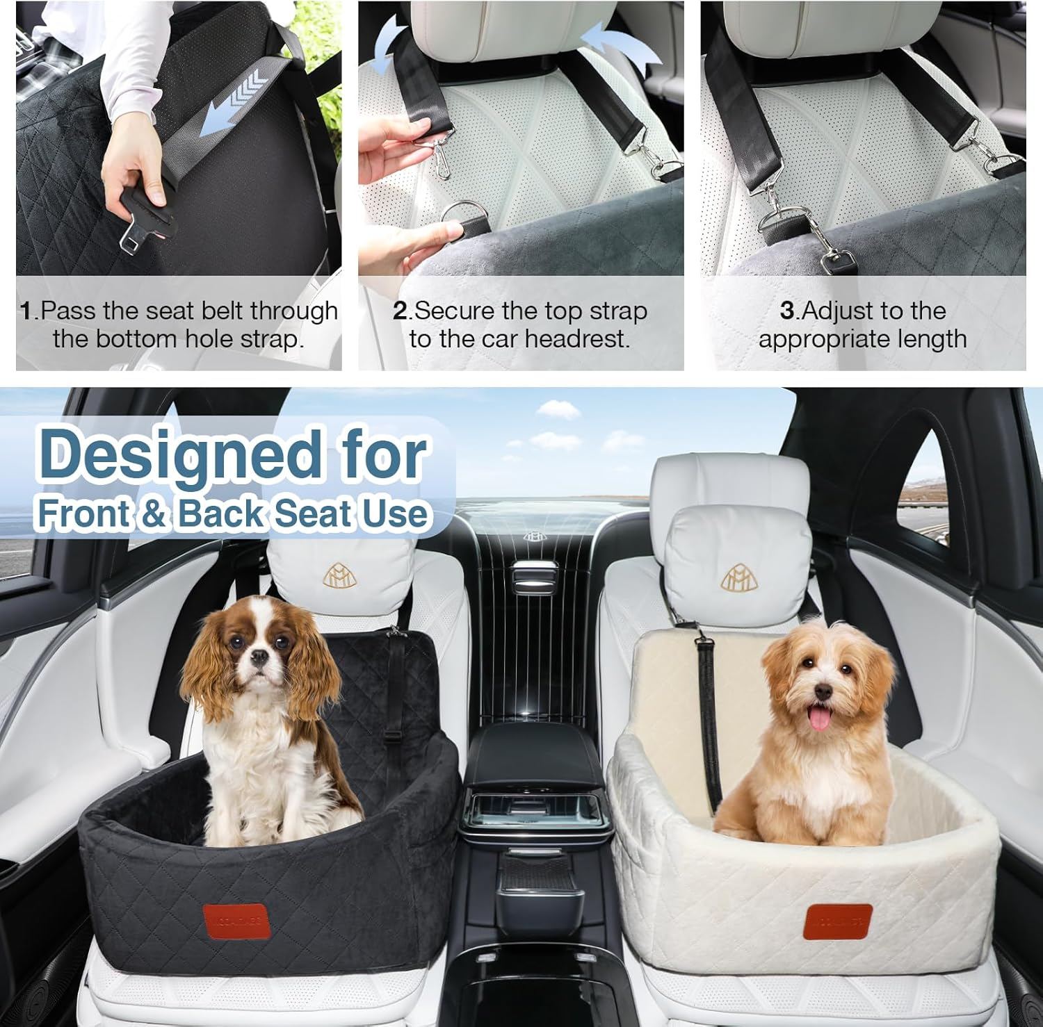 Dog Car Seat for Small Dogs under 25 Lbs, Washable Pet Travel Bed with Memory Foam, Detachable Cover, Storage Pockets & Safety Leash, Non-Slip Bottom(Black) image number 2