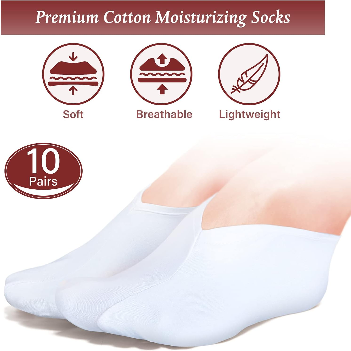 Geyoga 10 Pairs Moisturizing Socks Overnight for Dry Feet Spa Cotton Moisture Enhancing Cosmetic Socks for Women and Men, White image number 3