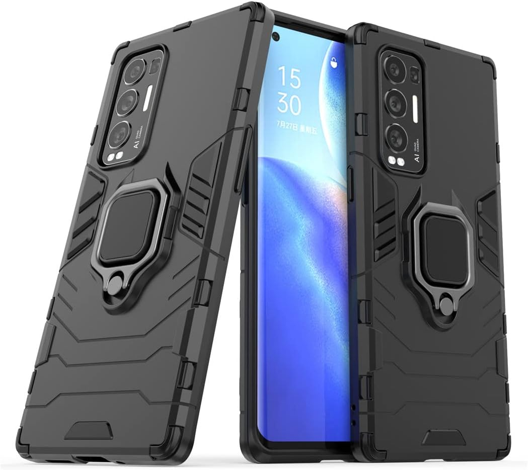 Compatible with Oppo Reno 5 Pro plus 5G Case, Metal Ring Grip Kickstand Shockproof Hard Bumper (Works with Magnetic Car Mount) Dual Layer Rugged Cover (Black)