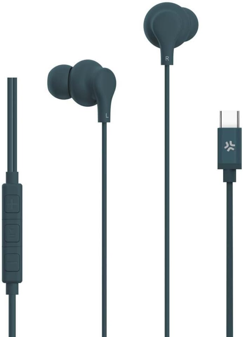 Celly, USB C Cable Earphones with Answer Button, Volume Control, Built-In Microphone - Blue