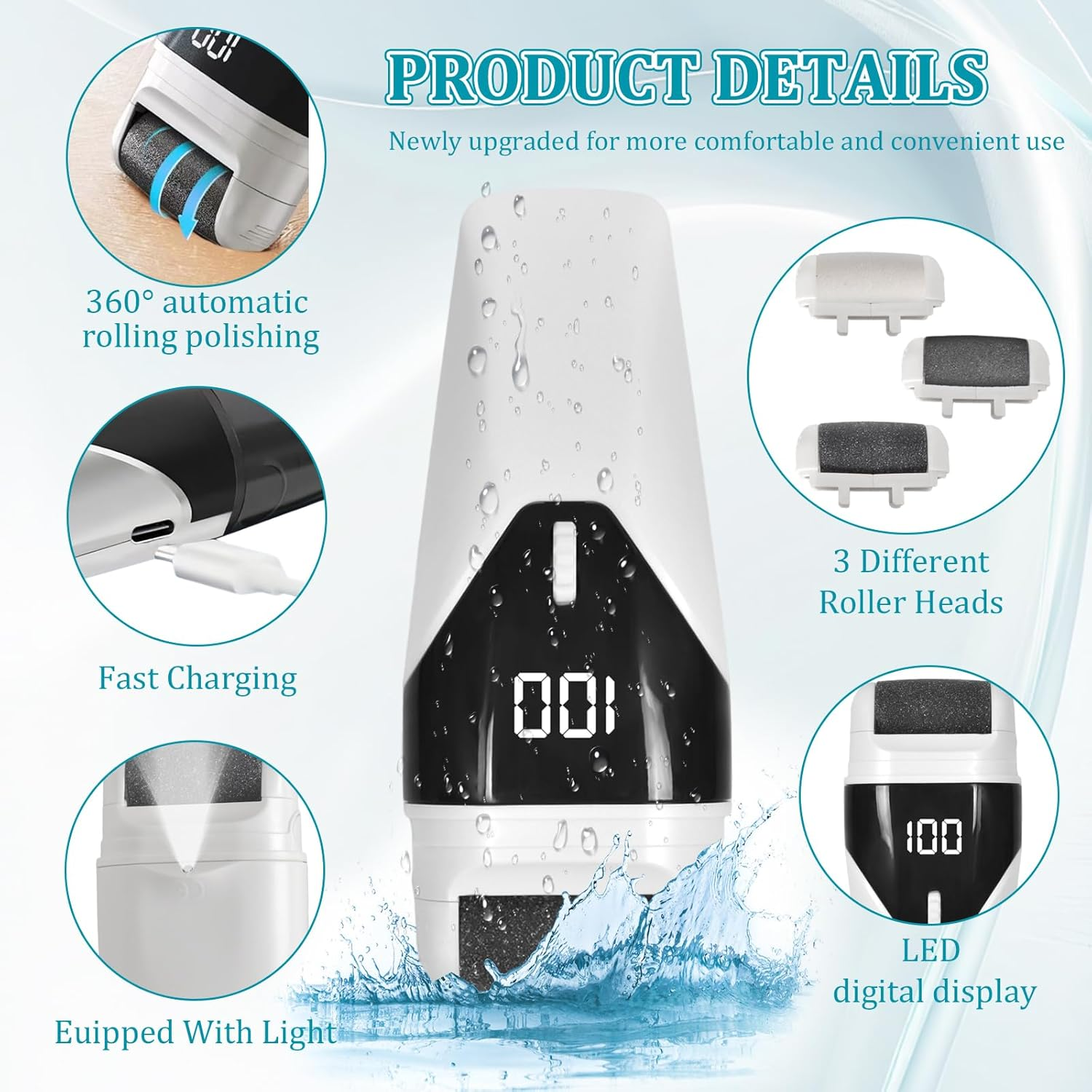 Electric Callus Remover with 3 Replacement Rollers, Callus Removal, Electric Callus Remover, Foot Care Device, Pedicure Set, Electronic Foot Care Callus File, Rasp Files for Foot Care image number 3