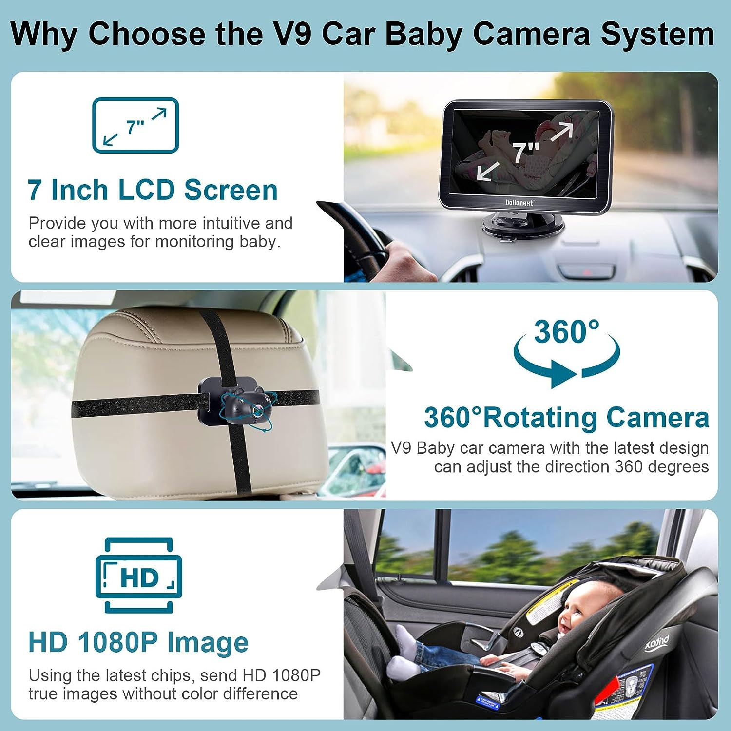Dohonest Baby Car Camera 7-Inch: USB Plug and Play Easy Setup 360&deg; Rotating Backseat Dual Camera Two Kids HD 1080P Rear Facing Car Seat Camera Clear Night Vision -V9 image number 3