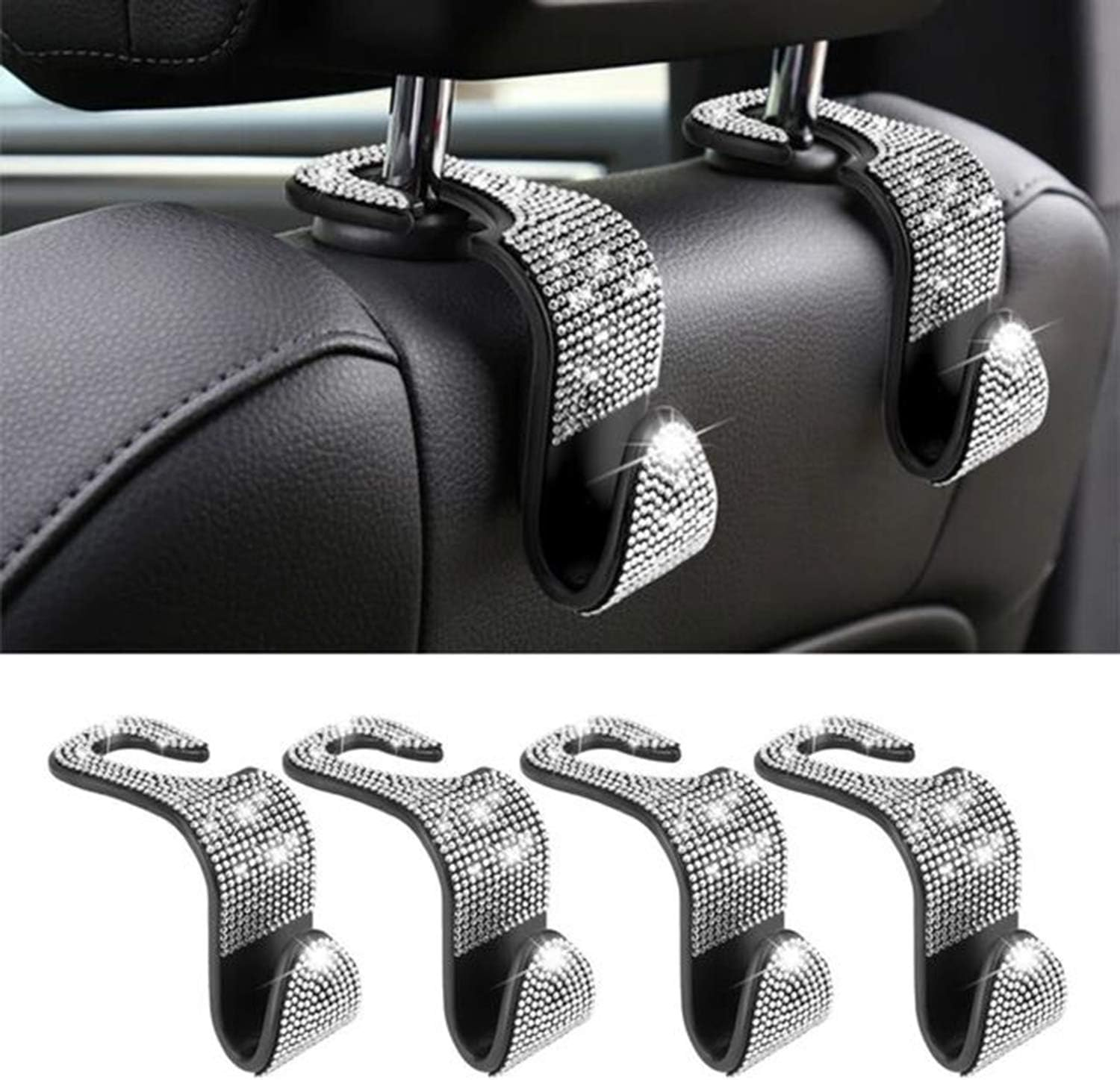 4 Car Headrest Hooks, Bling Car Seat Hanger Backseat, Bling Car Headrest Hangers, Backseat Bling Car Hooks with Rhinestone Diamond Hanger Back Seat Organizer for Vehicle. ( White Blings ) image number 5