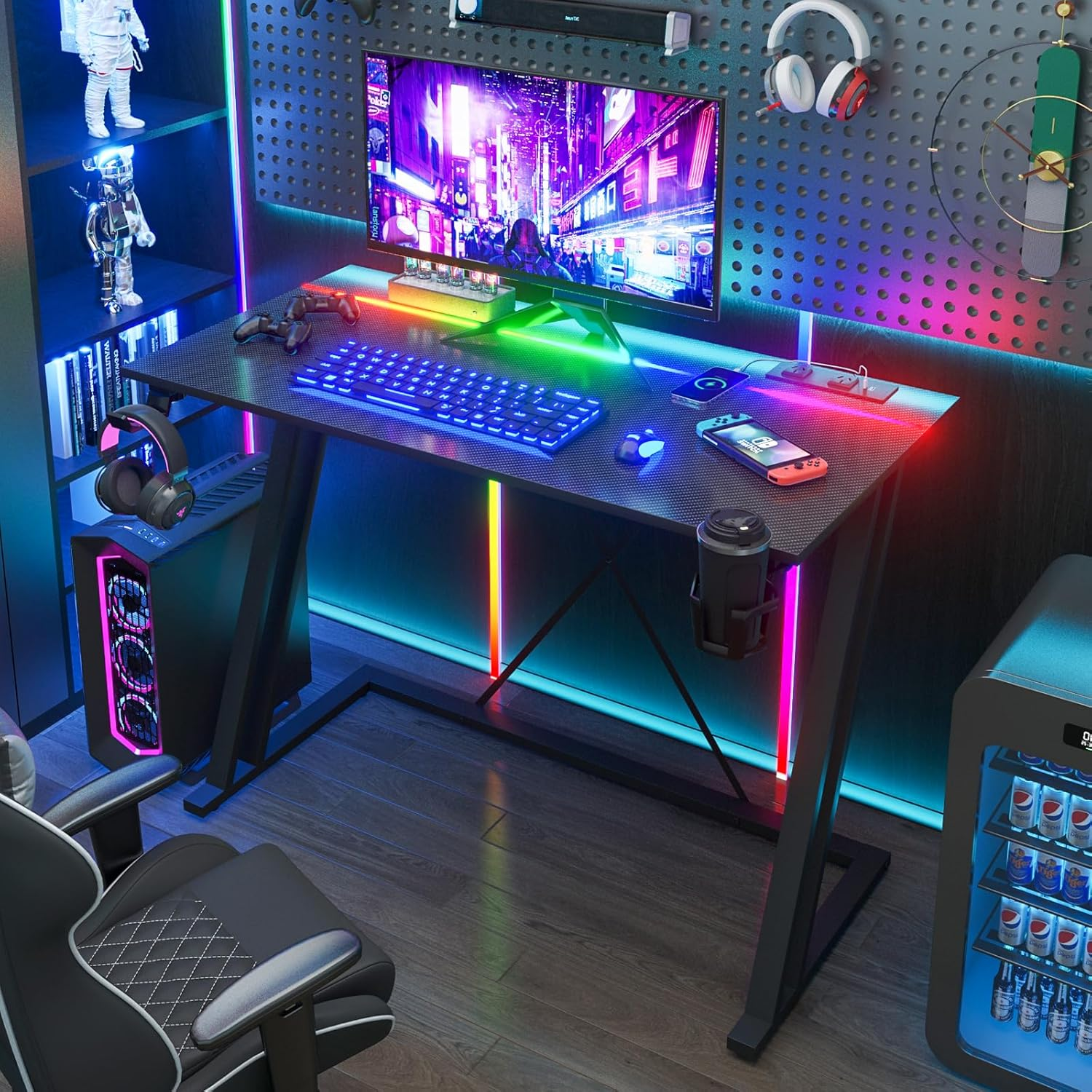 ADVWIN Black Gaming Desk 120Cm LED Gaming Workstation with RGB Light Z Shaped Computer Desk Pc Desk with Carbon Fiber Surface Cup Holder & Headphone Hook