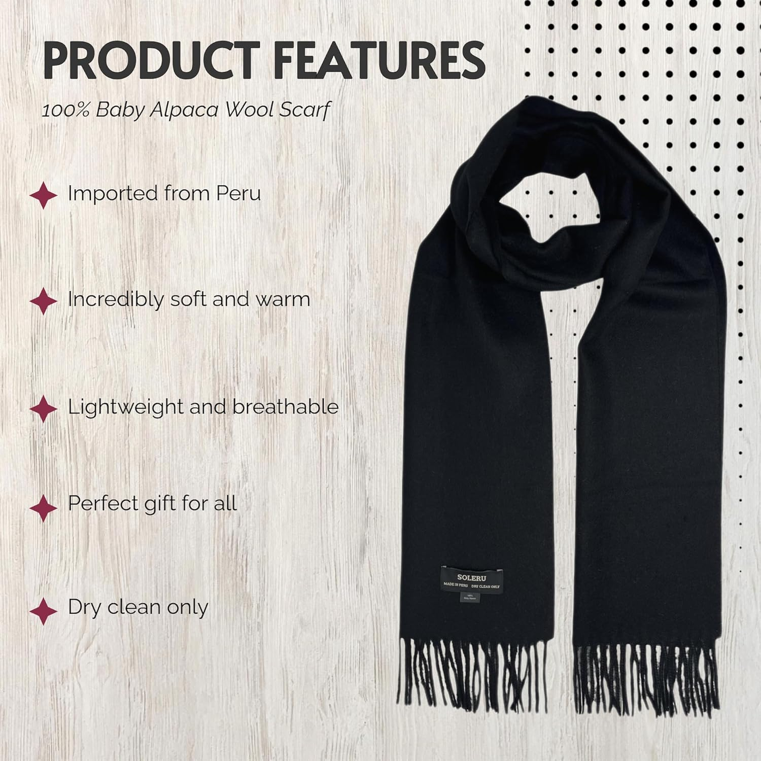 SOLERU 100% Baby Alpaca Wool Scarf for Men & Women - Imported from Peru