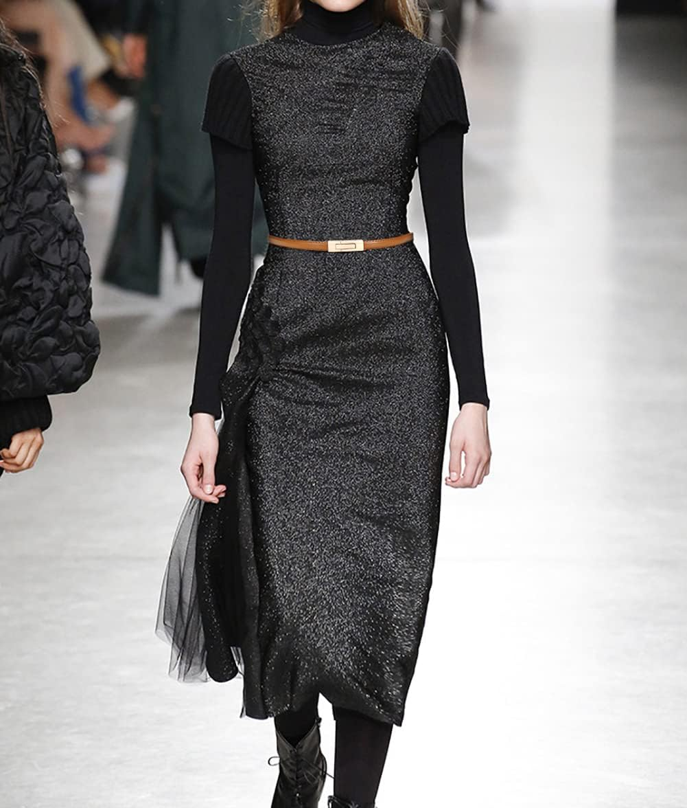 Lamdgbway Skinny Belts for Women Thin Leather Belt Adjustable Slim Waist Belt for Dress Brown 100CM image number 3