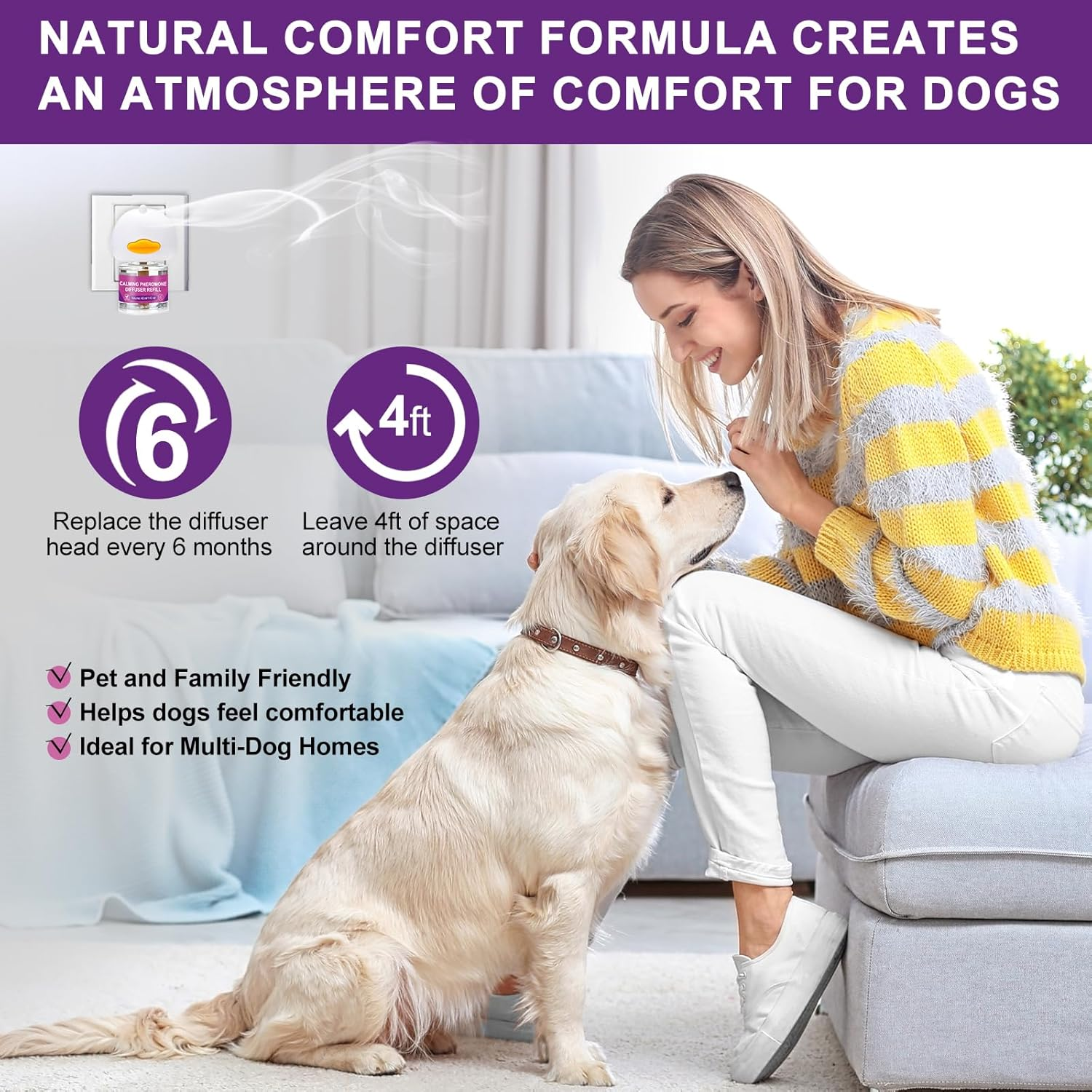 Dog Calming Pheromone Diffuser, Pet Calming Diffuser for Dog Anxiety Relief 3 Refills,Relieve Separation Anxiety, Stress Barking and Chewing Calm Relaxing image number 6