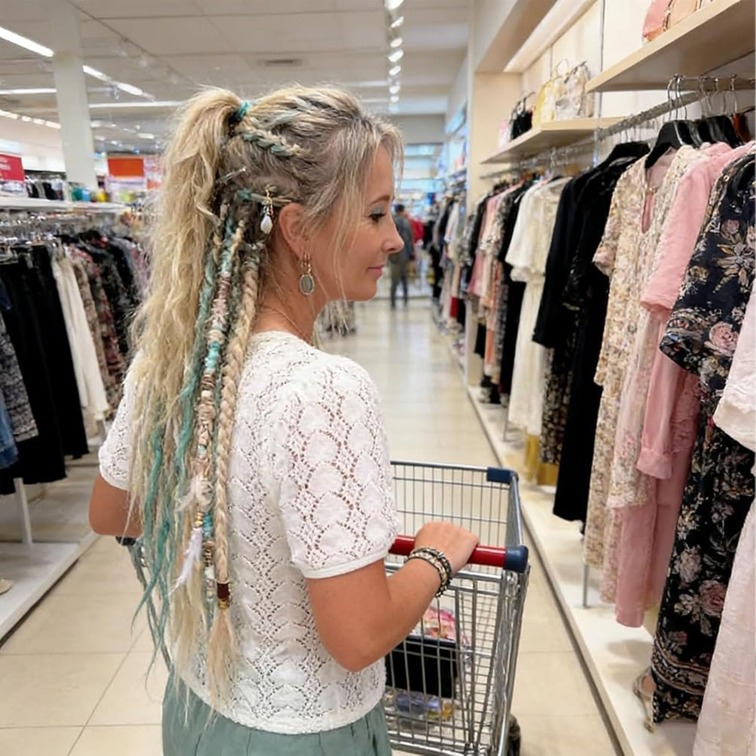 Elastic Dread Ponytail Salty, Boho Dreadlock Hair Extension with Beads, Shell and Charm Details, Easy 1-Minute Clip-In Ponytail Attachment for Festival, Travel & Casual (C) image number 1