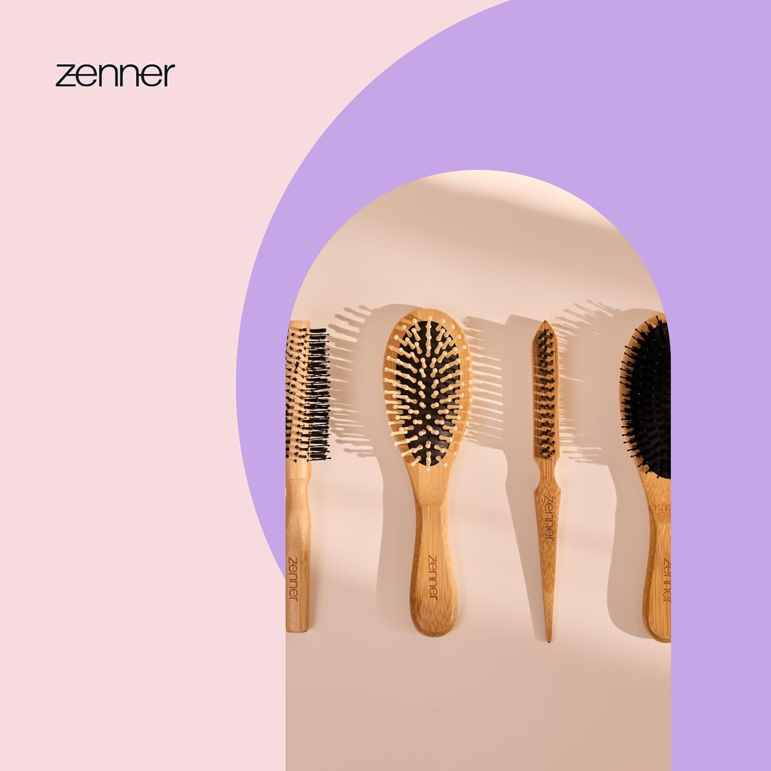 Zenner Bamboo Styling Brush - Adaptable Detangling Brush with Removable Nylon Rows - for Curly, Thick or Voluminous Hair - Lightweight Natural Bamboo Handle