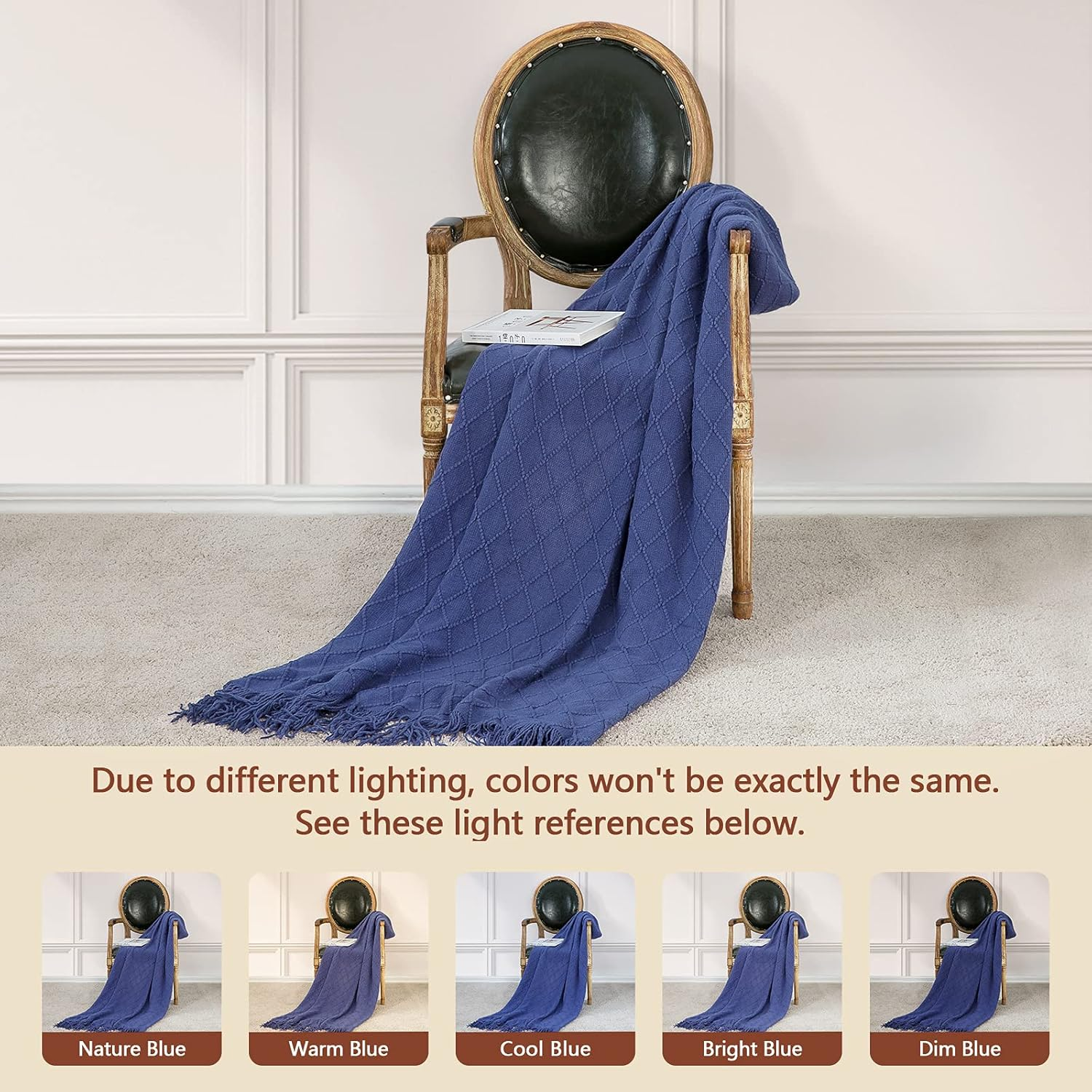 Inhand Navy Blue Throw Blanket for Couch and Bed, Soft Living Room Home Decor Knitted Blanket with Tassel, Outdoor Lightweight Breathable Summer Blanket, Farmhouse Warm Woven Decorative, 50"X60" image number 1