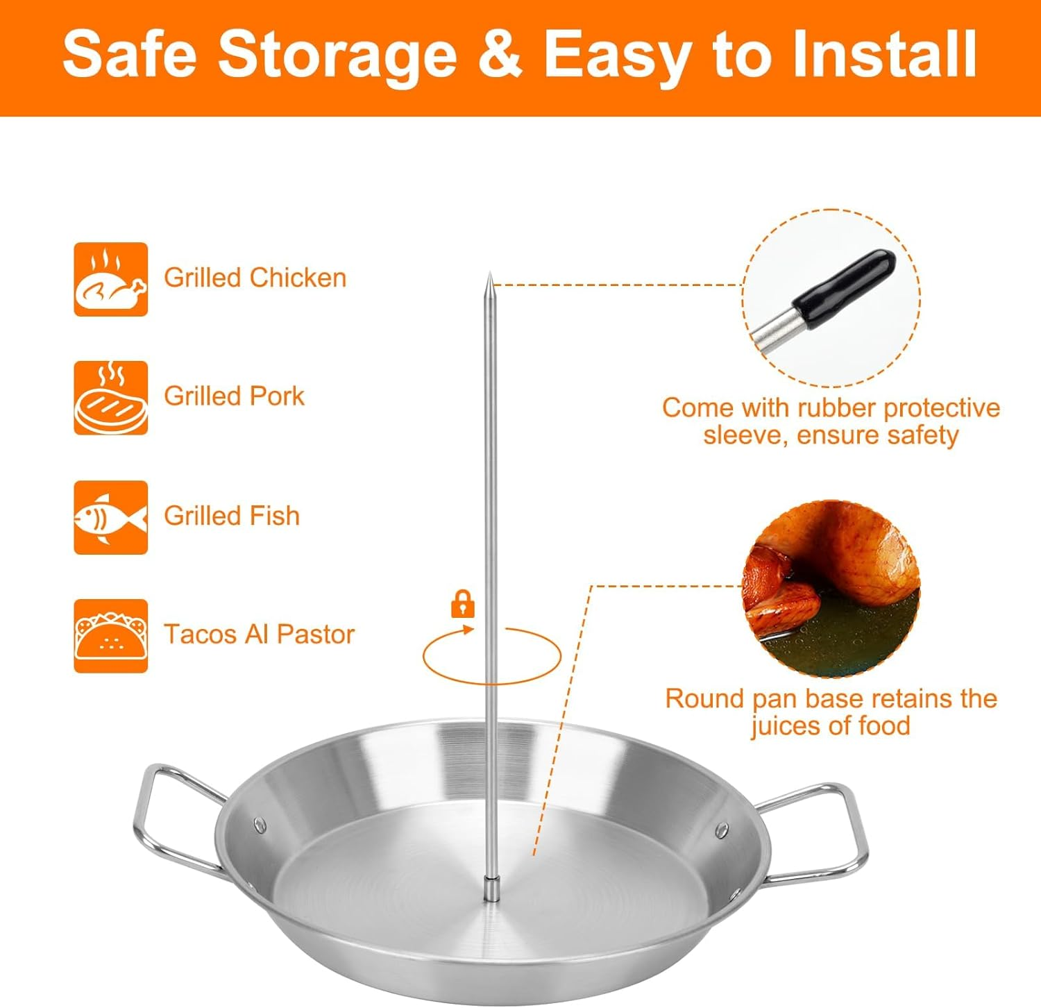 Al Pastor Skewer for Grill, Stainless Steel Vertical Skewer Shawarma Stand Vertical Spit with 3 Removable Spikes(8&rdquo;/10"/12&rdquo;) & Brushes Gyro Pan for Tacos, Kebabs Smoker,Bbq image number 1