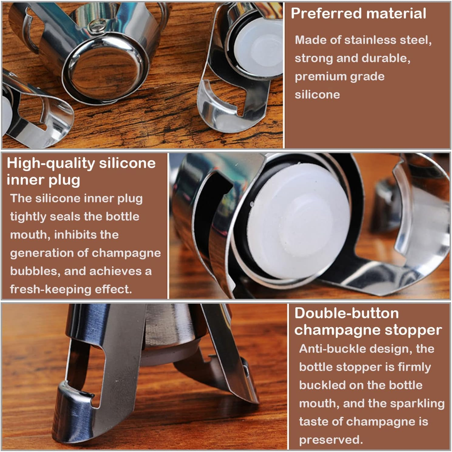 Paifeancodill 3 Pcs Champagne Stoppers with Stainless Steel Bottle Sealer with Food Grade Silicone Leak Proof Sealer Stopper Bottle Stopper Keep Fresh Suitable for Champagne,Cava,Prosecco,Sparkling