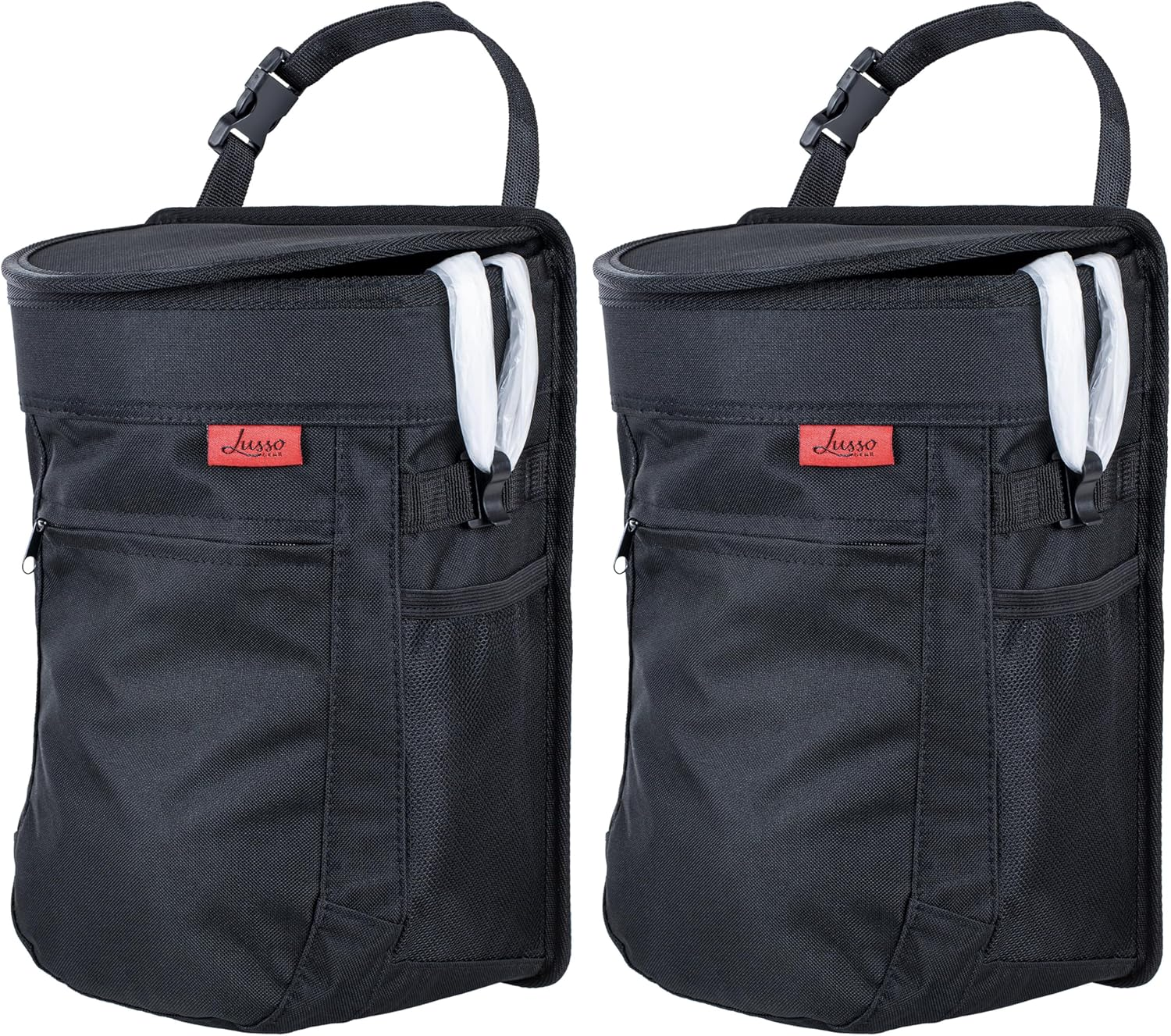 Lusso Gear Car Trash Can with Lid and Removeable Liner, Hanging Car Trash Bag with Hooks, Waterproof Fabric Car Garbage Bin, Automotive Travel, Trashcan Car Accessories, for Truck Van and SUV (Tan)