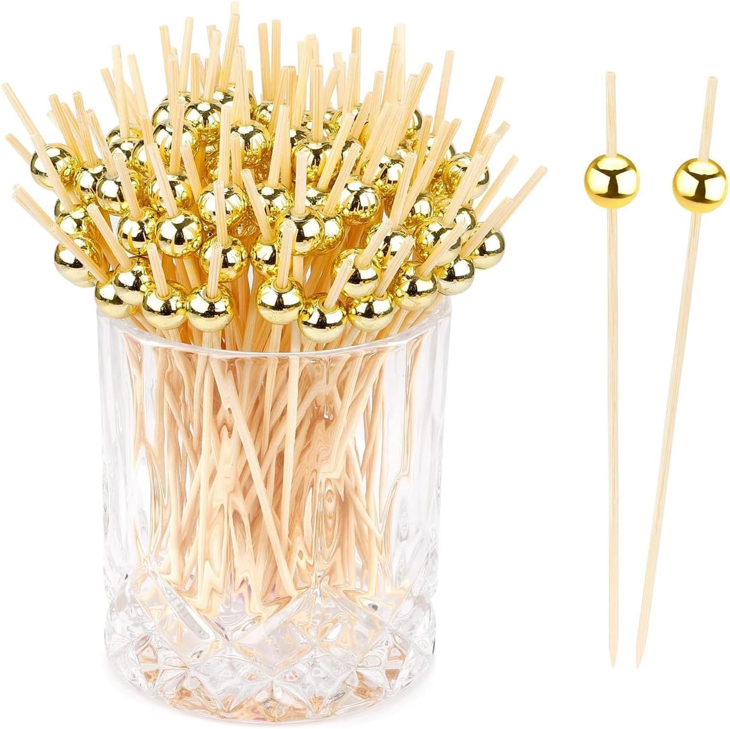 DONHUA 200Pcs Bamboo Cocktail Picks for Appetizers, Drinks, Desserts, Charcuterie - Gold Pearl Mini Food Toothpicks Fruit Sticks image number 4