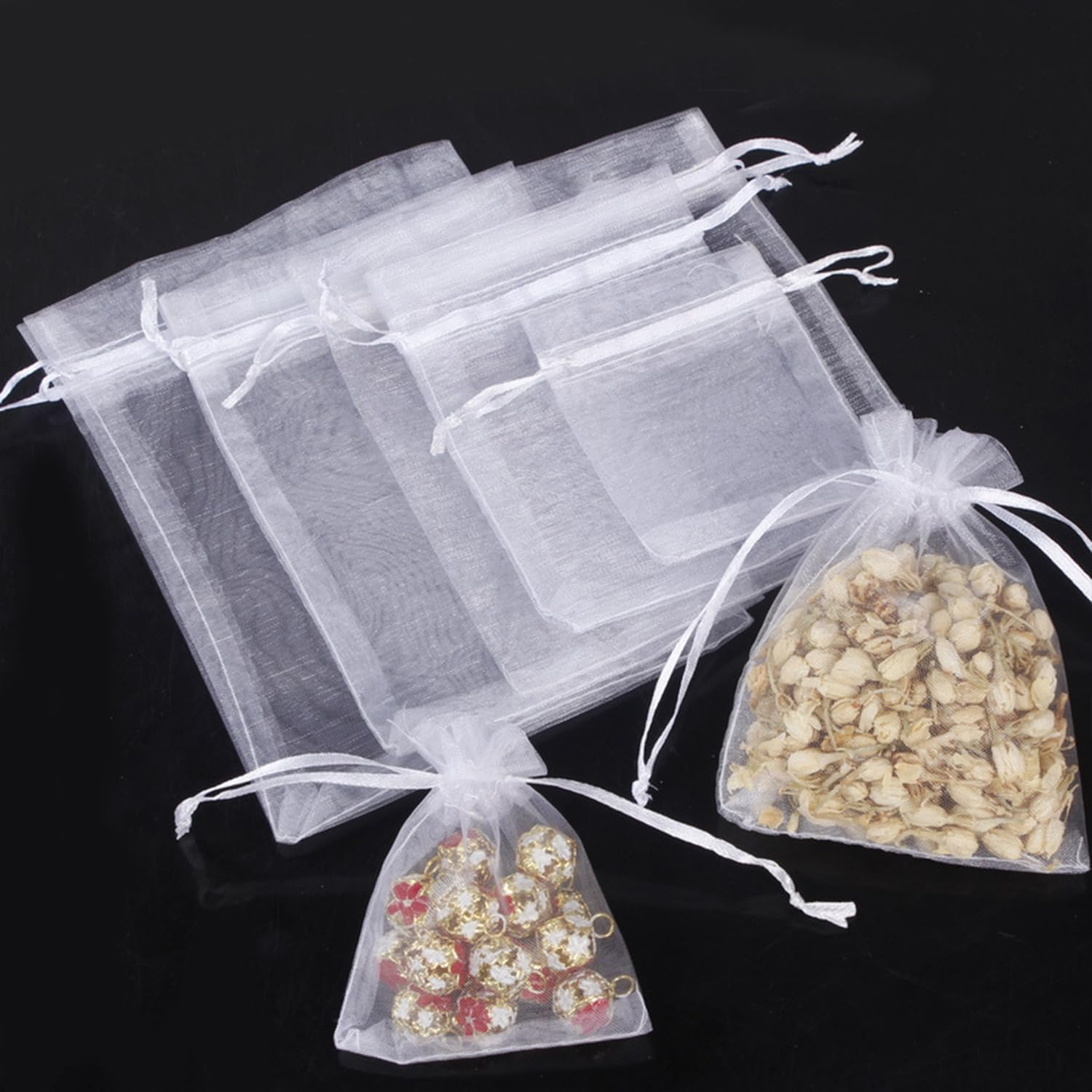 White Organza Gift Pouches, 7X9 CM Small Organza Favour Bags, 100 PCS Wedding Jewelry Bags, Clear Mesh Pouches Perfect for Wedding, Christmas, Birthday, Anniversary image number 1