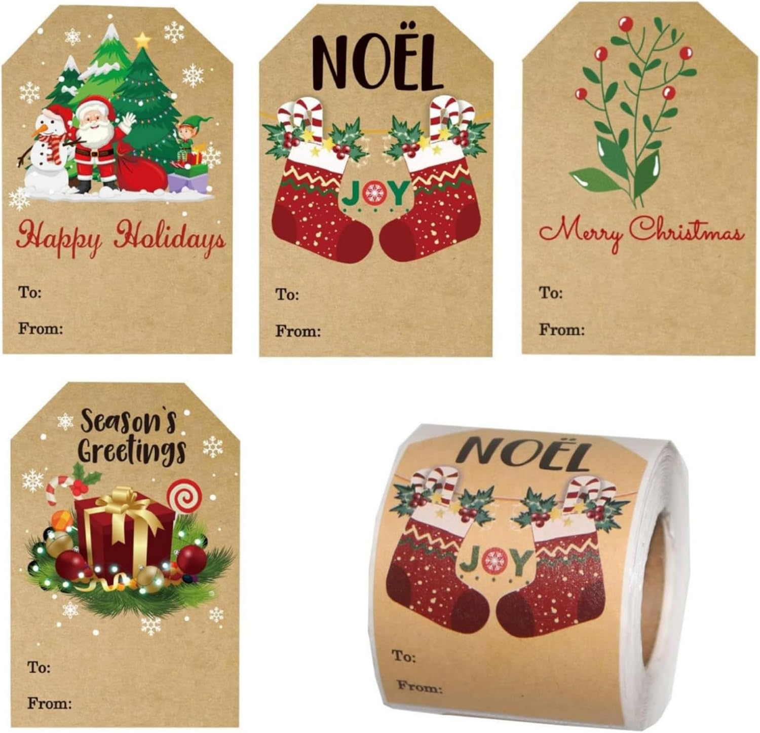 200Pcs Tags Sticker, Self-Addhesive Labels for Gifts Sticker, Kraft Paper Christmas Labels with 4 Christmas Patterns, Christmas Tag Sticker for Gift Bags, Cards, Envelope