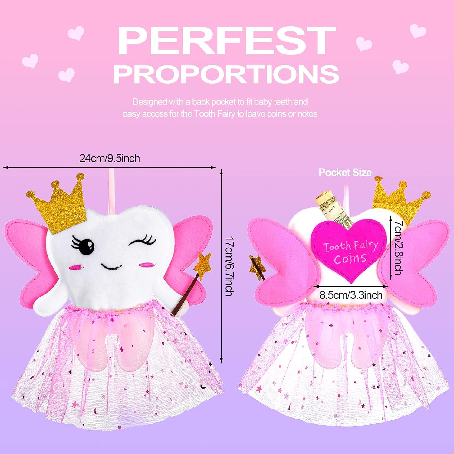 Breling Tooth Pillow Kit for Girls Teeth Gifts Pillow with Pocket Including Lost Teeth Holder Cute Dear Tooth Notepad Felt Keepsake Wallet Pouch to Hold Card Photography for Kids (Pink) image number 5