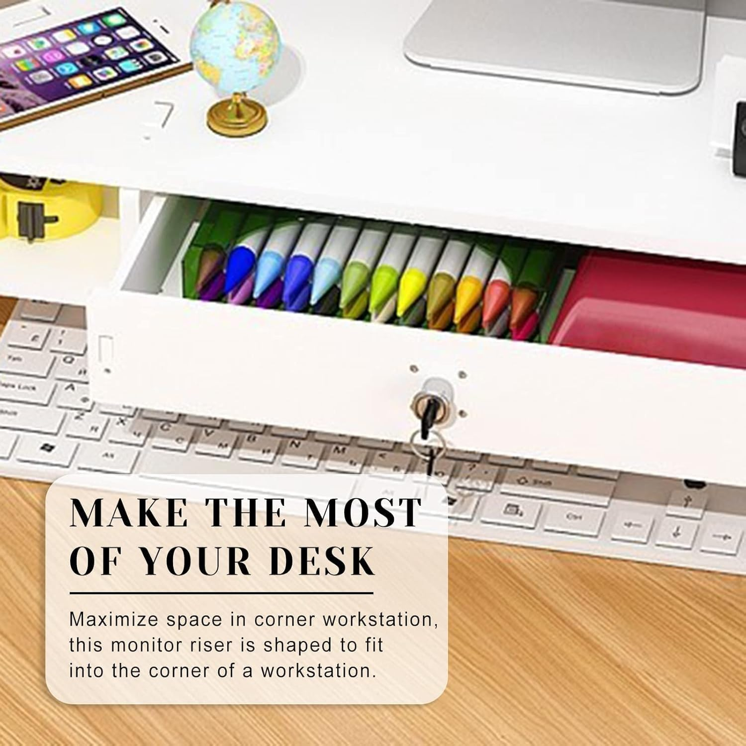 AIMALL Corner Computer Monitor Stand Triangular Desk Riser with Storage Shelf and Optional Drawer, Space-Saving Office Workstation Organiser for Desktop Accessories and Improved Viewing Height image number 3