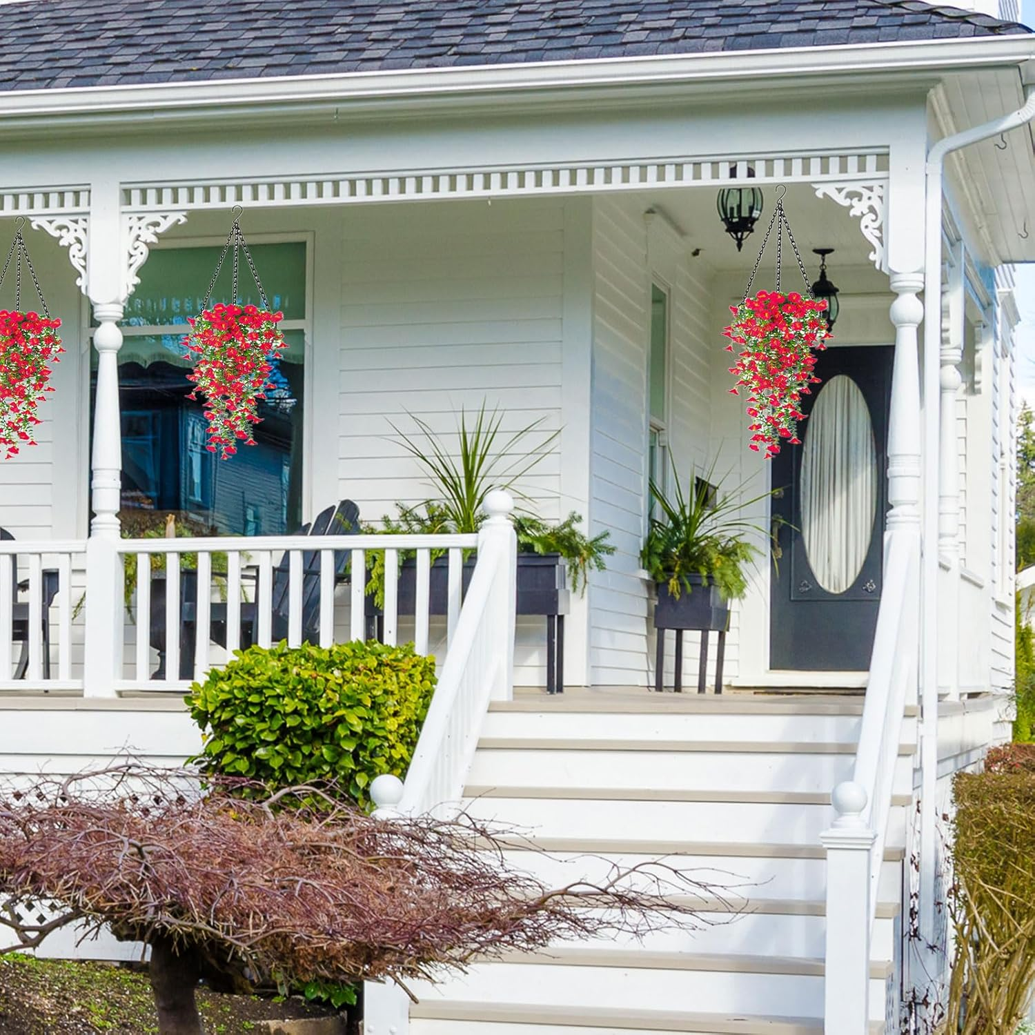 Yimingjin Artificial Fake Hanging Flowers Plants for Spring Decoration, 2PCS Silk Morning Glory Faux Flowers with Eucalyptus Leaves, UV Resistant Trailing Vines Outdoor Home Planter (Red) image number 6