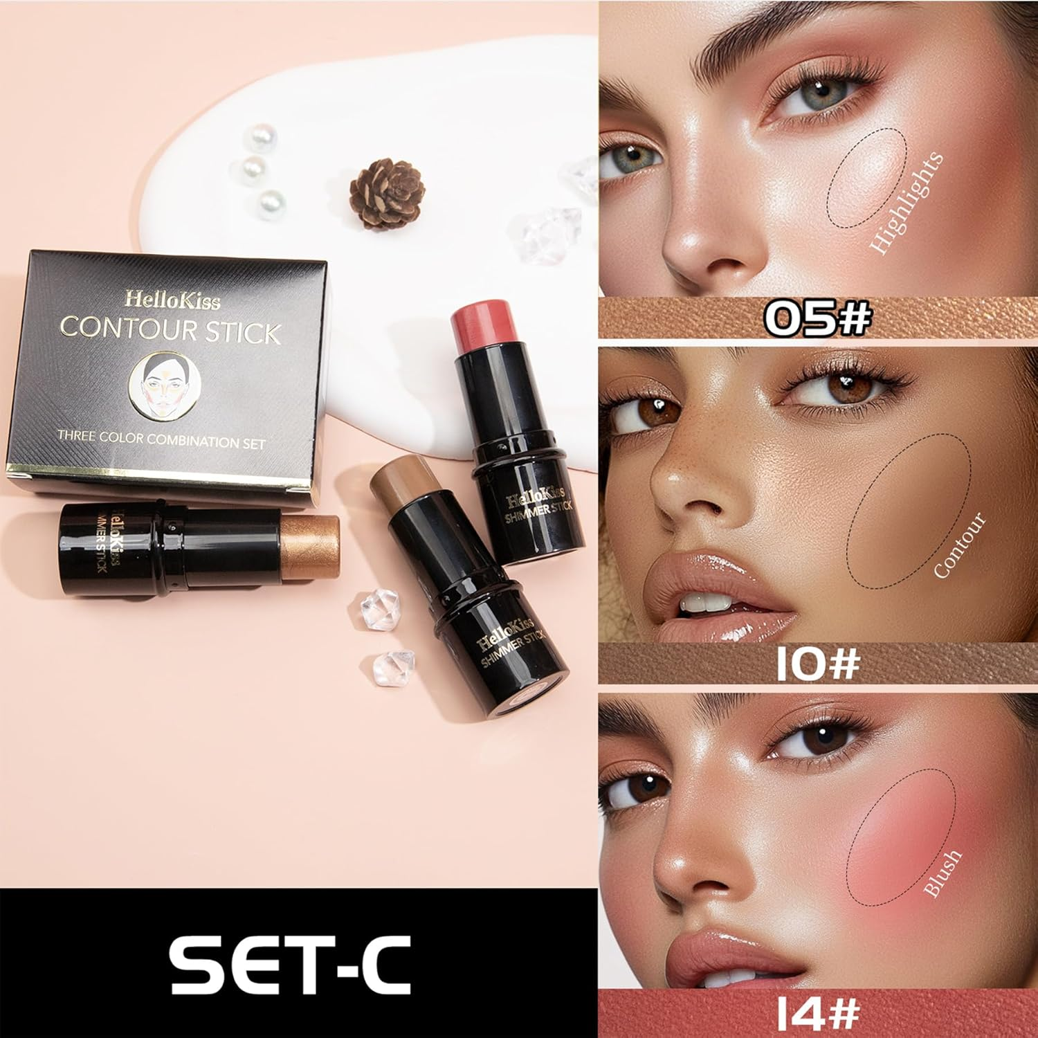 3PCS Contour Highlighter Blush Stick Set &ndash; Waterproof Long-Lasting Cream Stick for Cheeks, Lips & Eyes, Long-Lasting & Easy to Apply image number 2