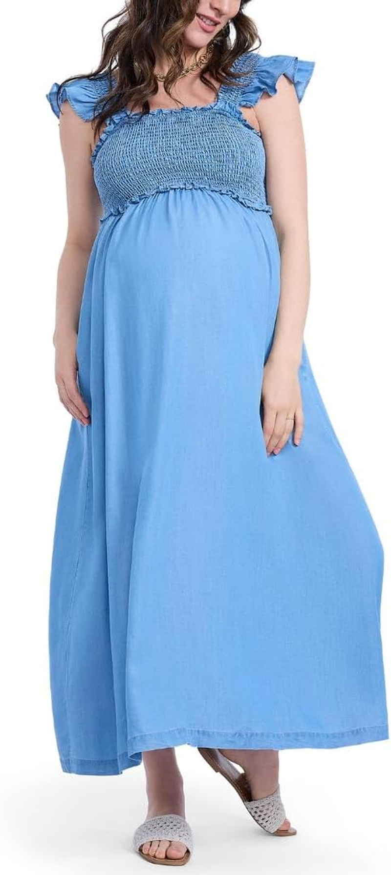Motherhood Maternity Women'S Sleeveless Ruffle Shoulder Smocked Maxi Pregnancy Dress image number 2