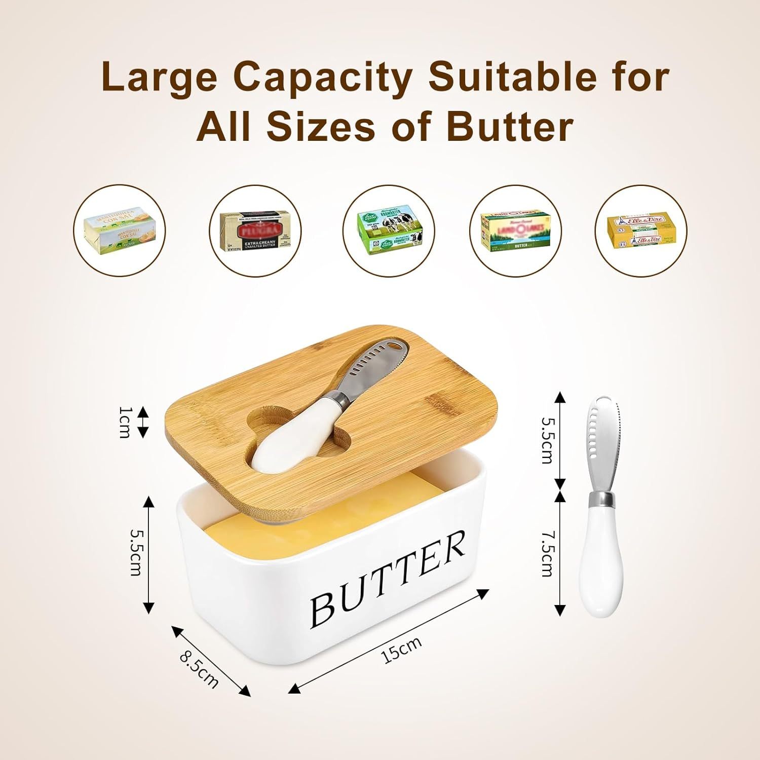 Porcelain Butter Dish with Lid for Countertop Butter Dish Metal Butter Keeper with Stainless Steel Multipurpose Butter Knife Butter Container with Quality Silicone Good Kitchen Gift White image number 2