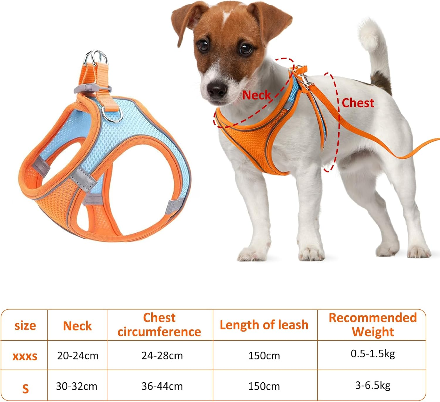Adjustable Cat Harness, Air Mesh Breathable Chest Harness with 1.5 M Lead, Soft Padded Dog Harness, Cat Lead Kitten with Reflective Strips, Cat Vest (Orange, 3XS) image number 1