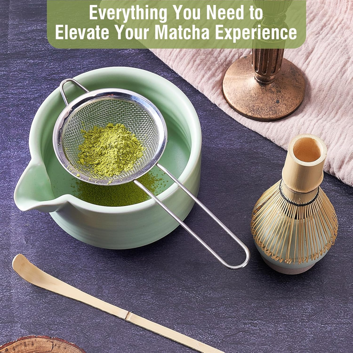 Matcha Whisk Set,5Pcs Household Matcha Kit,Elegant Japanese Matcha Tea Set,Ceramic Matcha Bowl with Spout, Matcha Whisk Holder,Bamboo Whisk, Stainless Sifter & Scoop for Tea Lover-Green image number 3