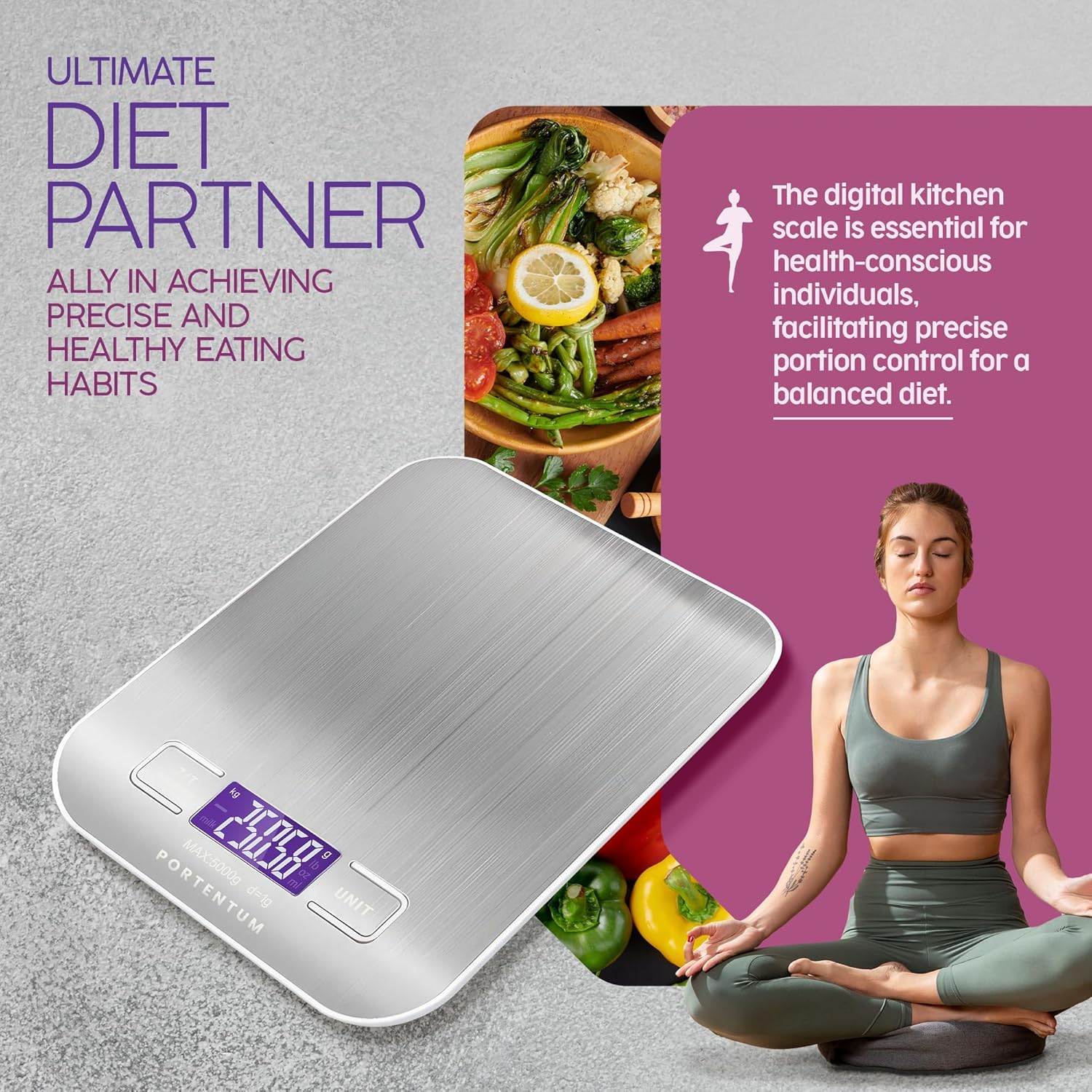 PORTENTUM Digital Kitchen Scales 5 Kg with Large LCD Display, Digital Scale, Letter Scales with Large Stainless Steel Weighing Surface, Liquid Measurement, High Precision up to 1 G, Tare Function,