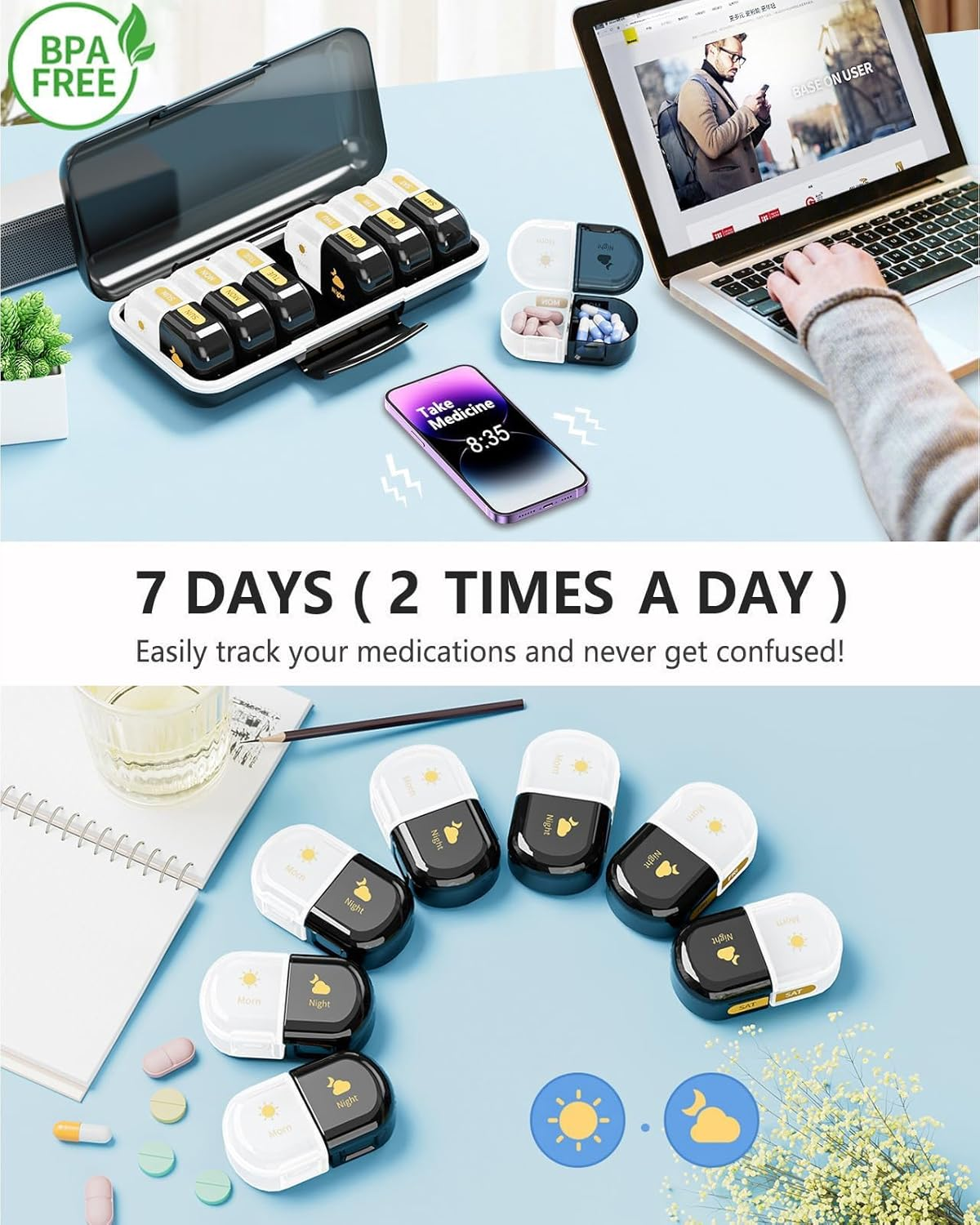 Weekly Pill Box Organiser Pill Boxes 7 Day 2 Times a Day,Portable Daily Pill Dispenser with 14 Detachable Copartments to Hold Vitamins, Cod Liver Oil, Supplements and Medication, Black image number 2