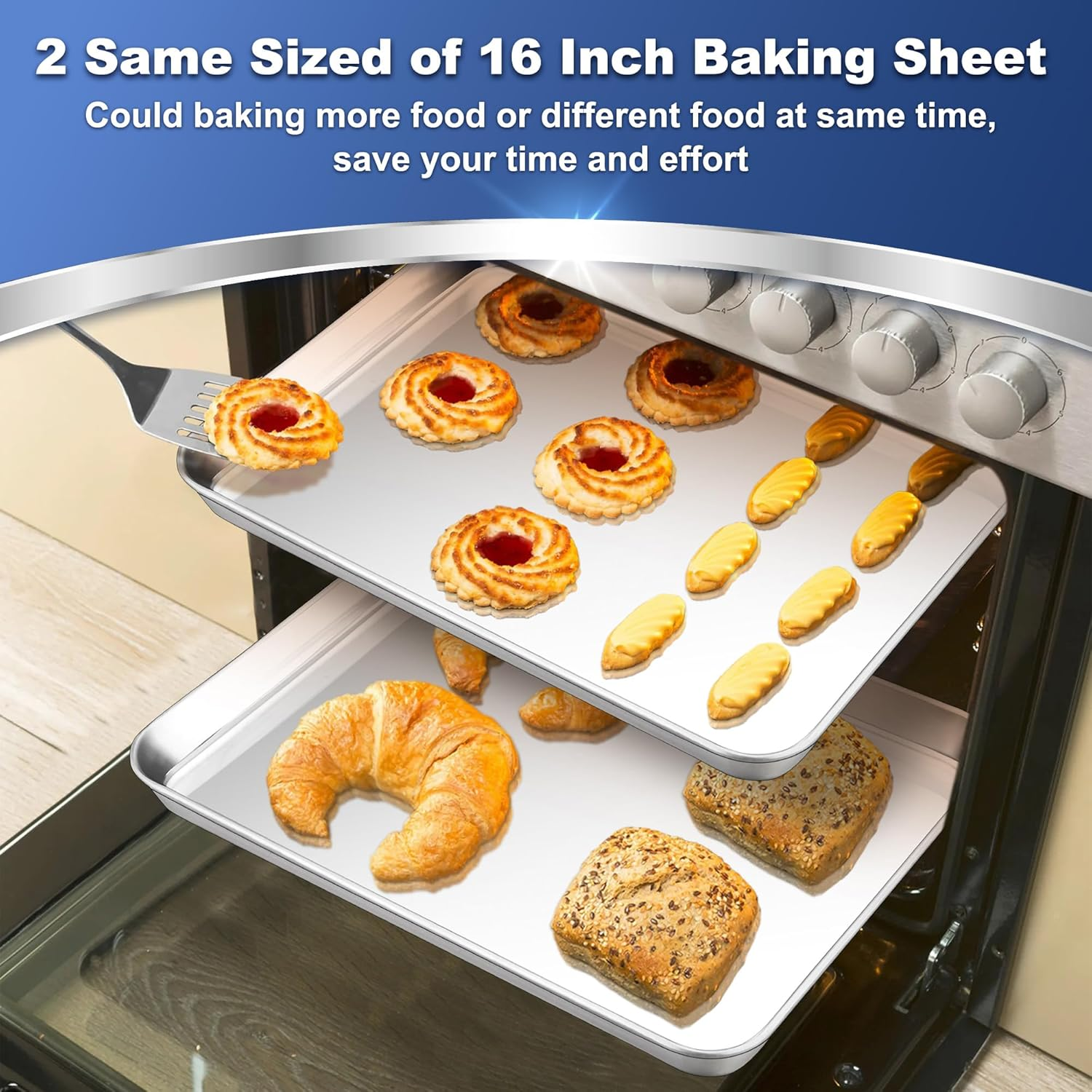 P&P Chef 16 Inch Baking Cookie Sheet, Oven Pan Tray Stainless Steel Sheet Pan for Kitchen, Oven Bakeware for Multi Uses, Shiny Look & Dishwasher Safe, Healthy & Heavy Duty, 2Pcs image number 2