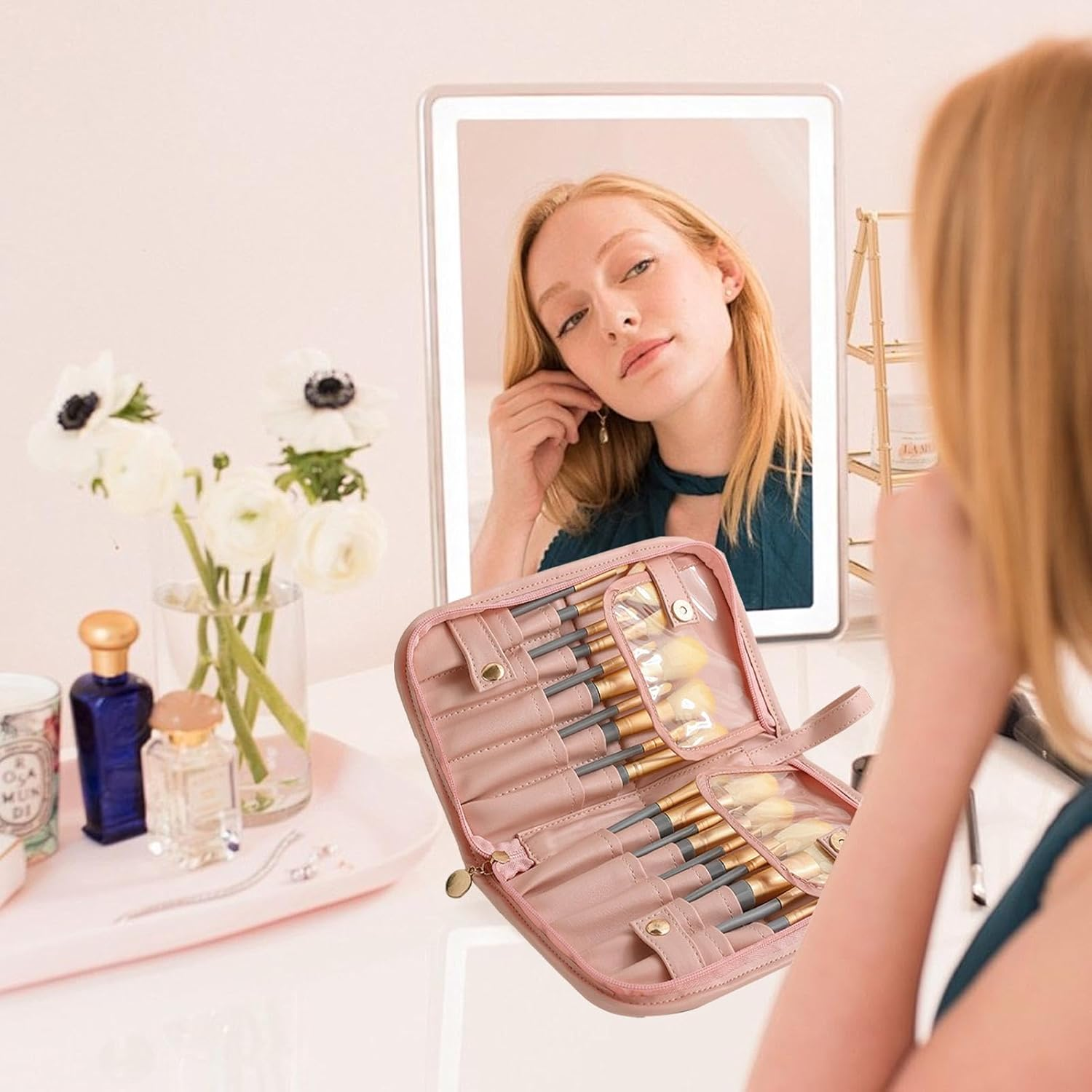 Makeup Brush Travel Case - Portable Makeup Brush Holder, Organizer, Pink image number 3