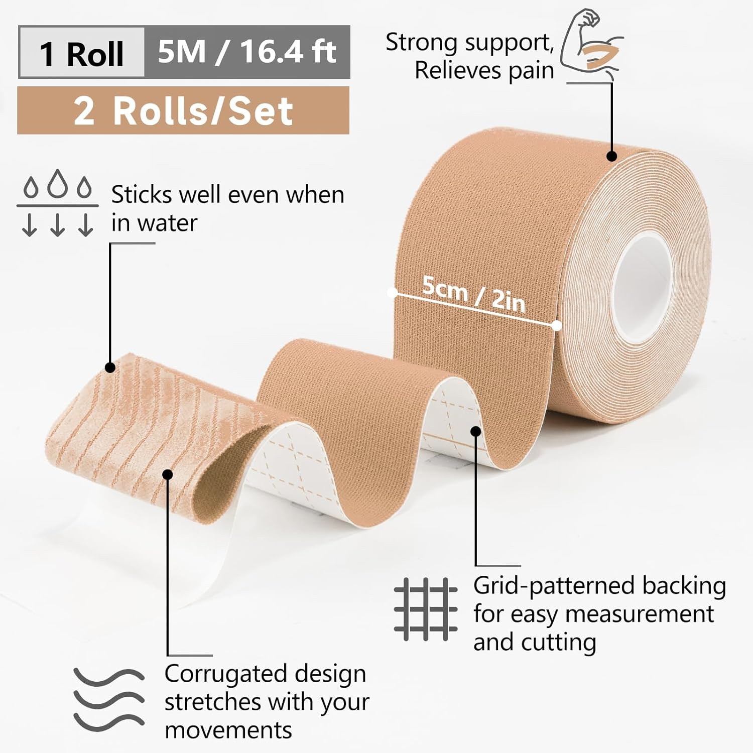 2 Rolls Kinesiology Tape for Knees, 2In&times;16.4Ft Roll Athletic Tape for Elastic Muscle Support, Waterproof Physio Tape for Relieve Muscle Soreness and Injury for Shoulder, Ankle, Face Tape, Skin,Beige image number 4