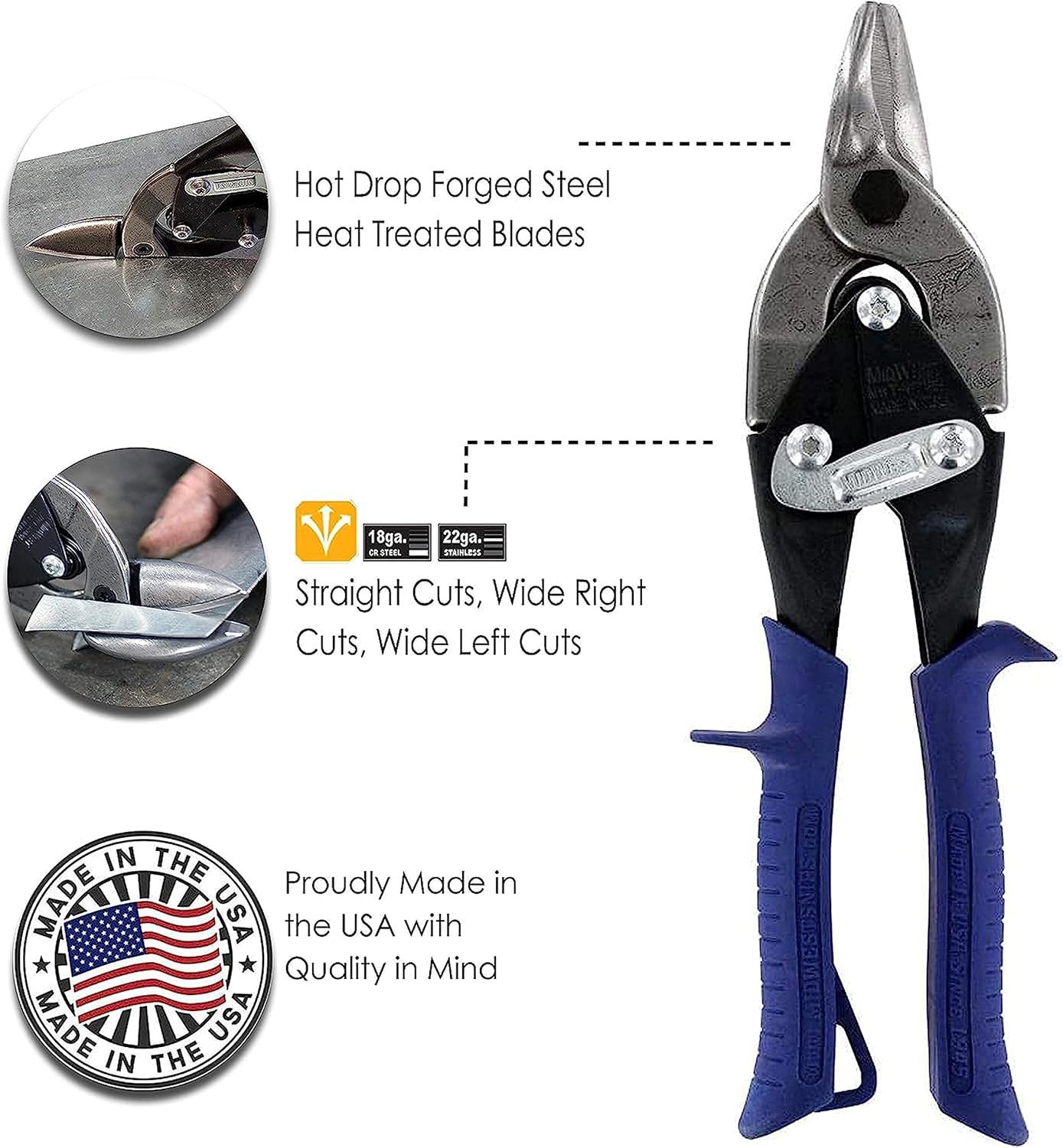 MIDWEST Bulldog Aviation Tin Snip - Straight Cut Regular Tin Cutting Shears with Forged Blade & KUSH'N-POWER Comfort Grips - MWT-6716B image number 4