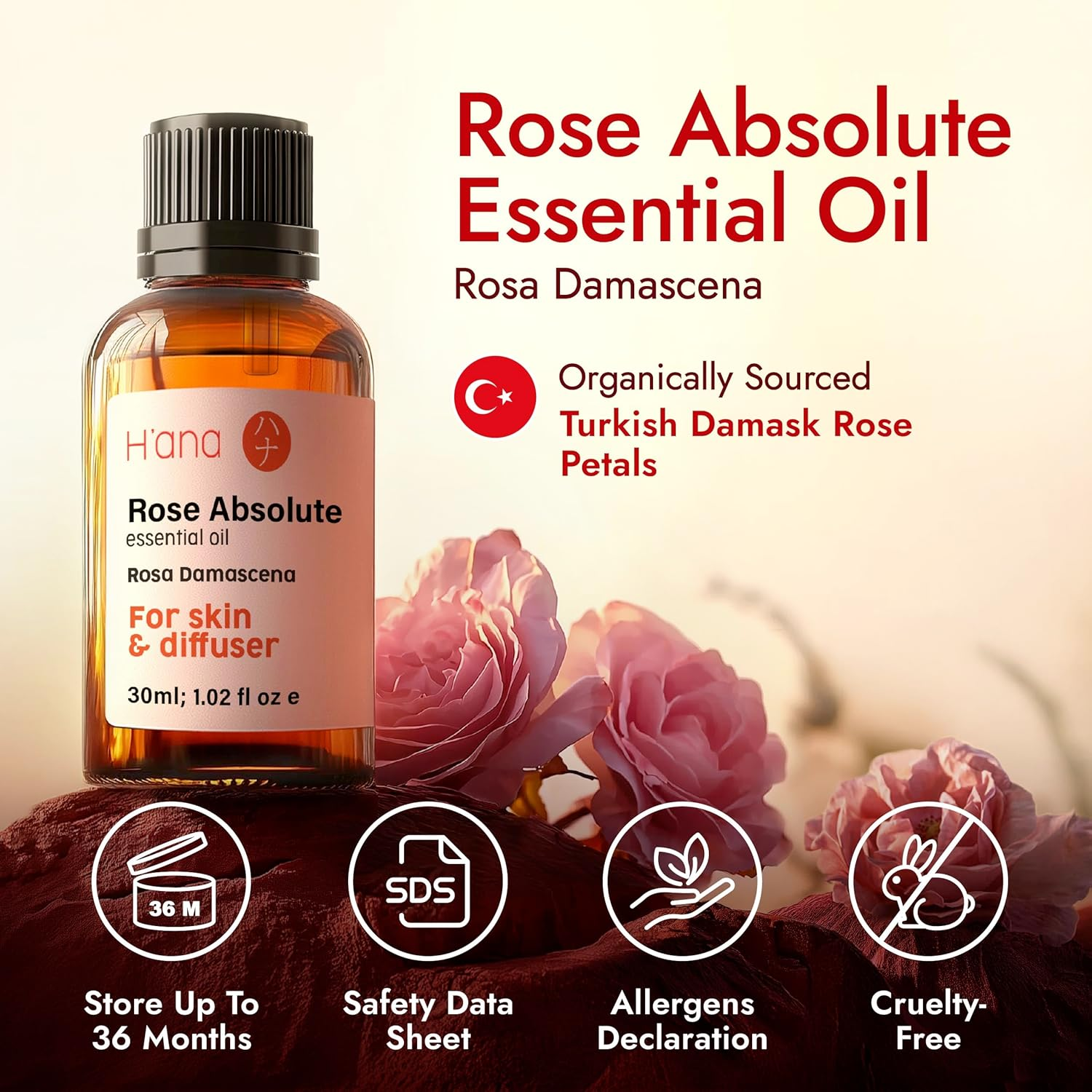 H'Ana Rose Essential Oil - 100% Pure and Natural Rose Oil for Face, Skin and Diffuser - with a Sweet, Fresh Scent, Smells like Fresh Roses - Symbolises Love and Beauty (30Ml) image number 6