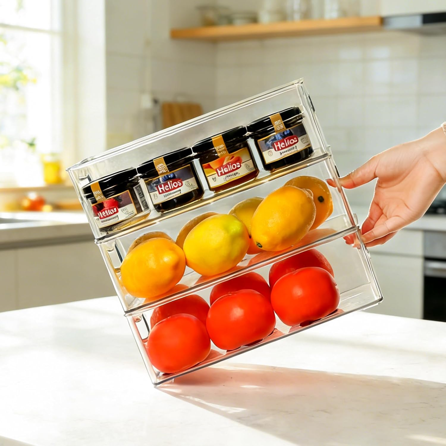 Hudgan Clear Storage Bins 8 Packs for Refrigerator, 4 Large Stackable Pantry Organizer Bins and 4 Medium Storage Plastic Containers for Home Edit, Kitchen, Freezer, Bathroom, Drawers, Shelves