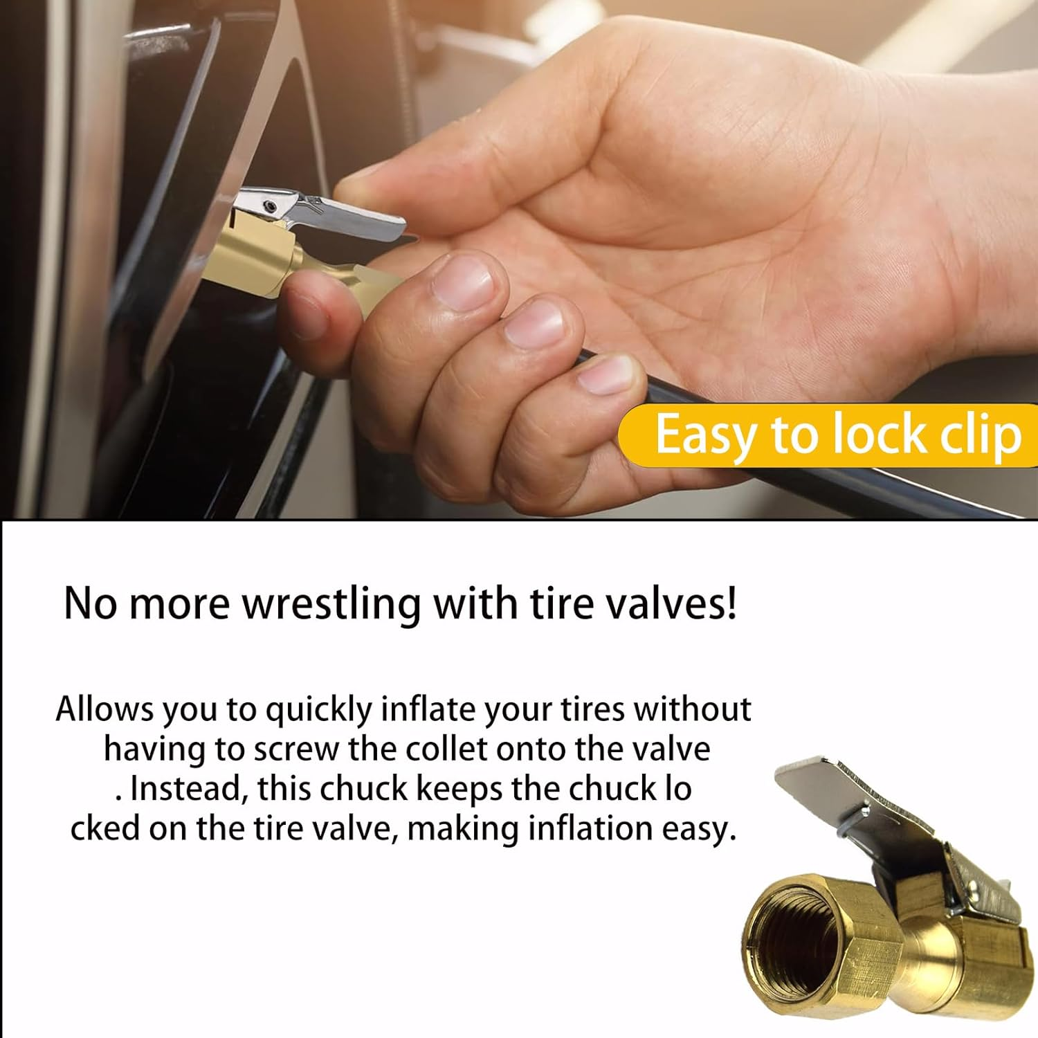 2 Pack Air Chuck, Heavy Duty Closed Flow Lock on Tire Chuck, Premium Brass Air Chucks for Tires with Clip Adapter, 1/4" FNPT Tire Air Chuck for Inflators/Gauges/Compressors image number 4
