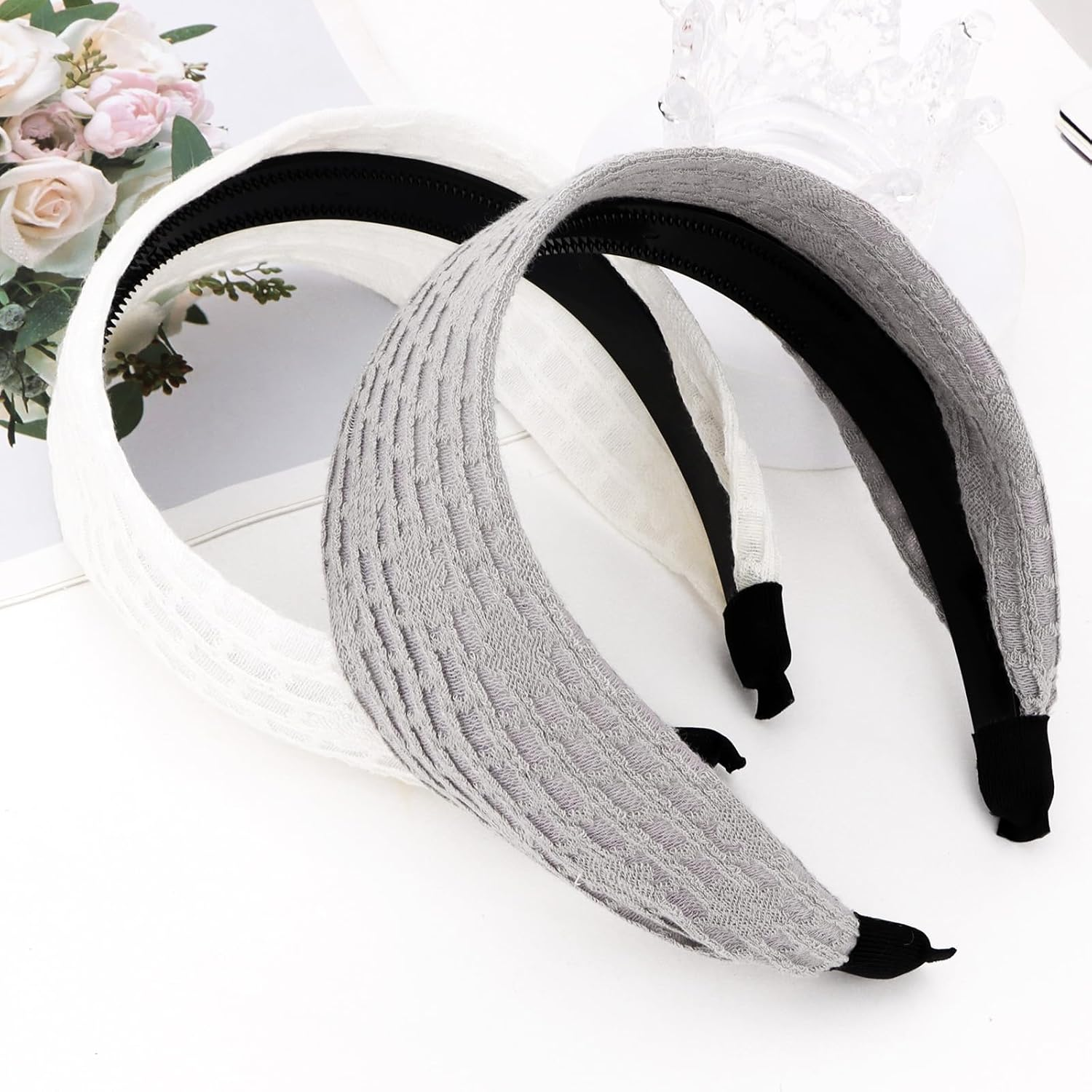 Pruadeor Pack of 2 Wide Headbands, Women'S Fashionable Hair Band for Women, Hair Accessories, White, Grey image number 6