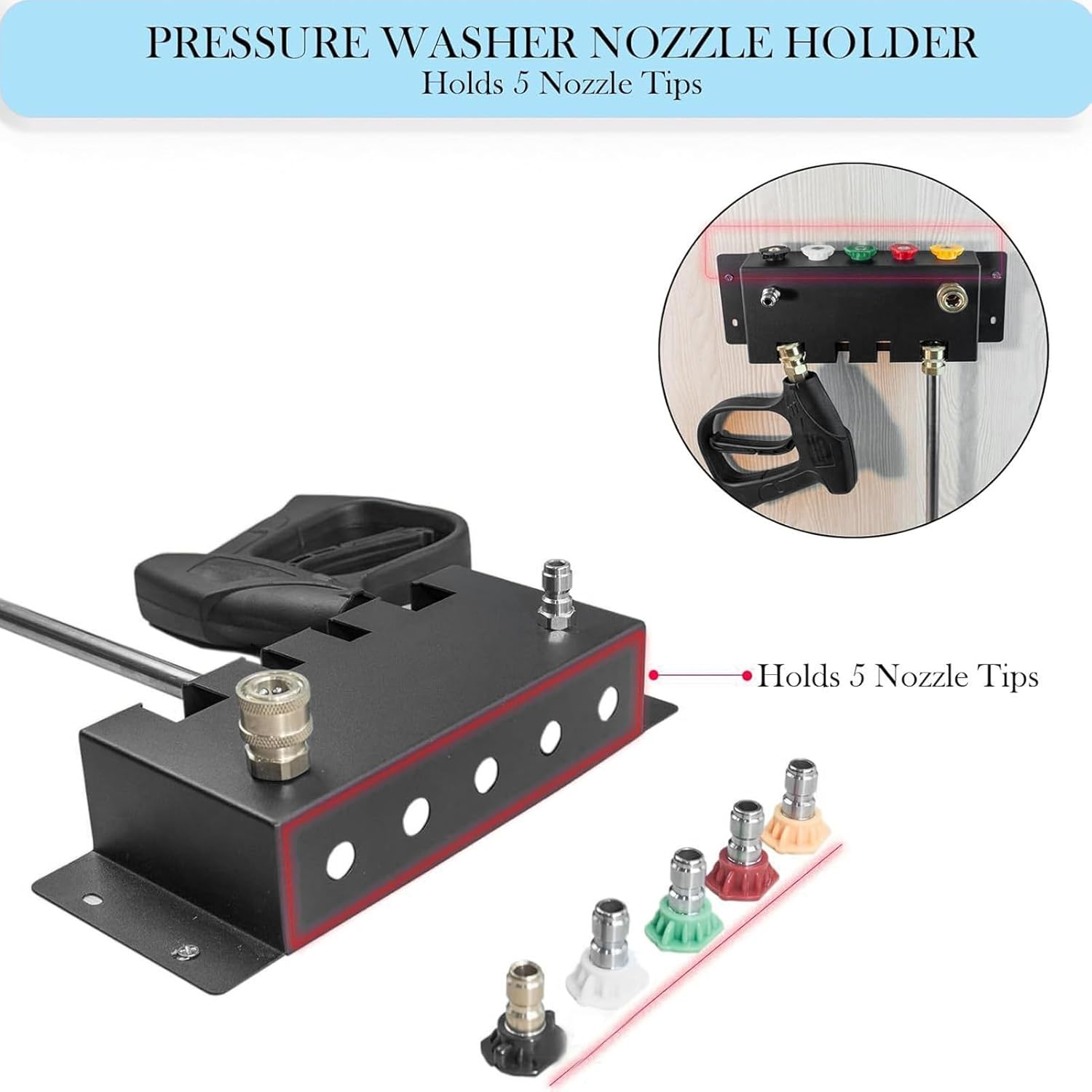 Pressure Washer Gun Holder, Foam Cannon Holder, Stainless Steel Storage Rack Organizer Wall Mounted for Foam Cannons, Washer Nozzle Tips and Wand, Fit 1/4 Inch Quick Connector image number 4