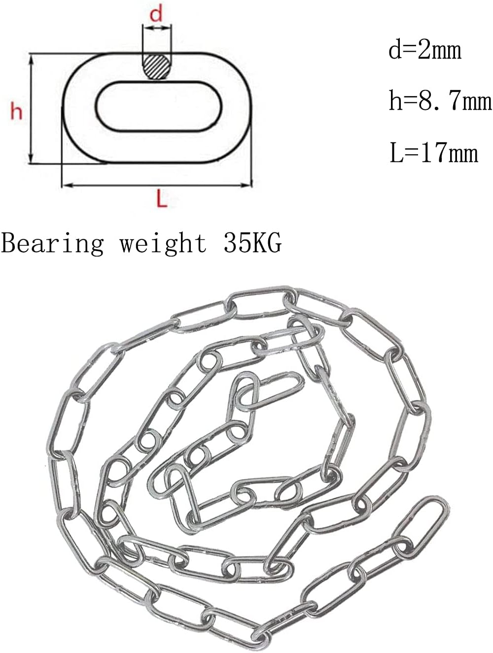 4 Meters Long 2Mm Thick Stainless Steel Chain Swing Chain Clothesline Chain Hanging Basket Chain Fence Chain Indoor Outdoor Hardware Accessories Maximum Work Load 35Kg(2Mm-4 Meters) image number 4