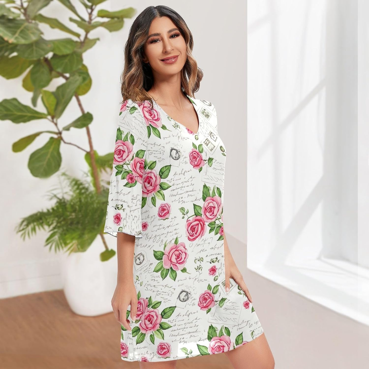 Vintage Postcards Chiffon V Neck Dress Printed Line Maternity Dress image number 1