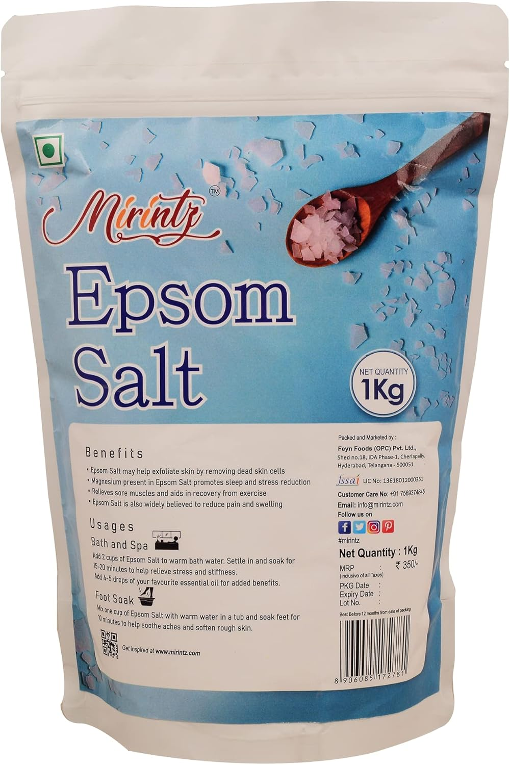 Mirintz Pure Epsom Salt |(1 Kg) Magnesium Sulfate Epsom Salt Bath Soak | Natural Epsom Bath Salts for Women Relaxing | Epsom Salts for Soaking Foot Care, Salt Scrub, Bath Products & Spa Stuff