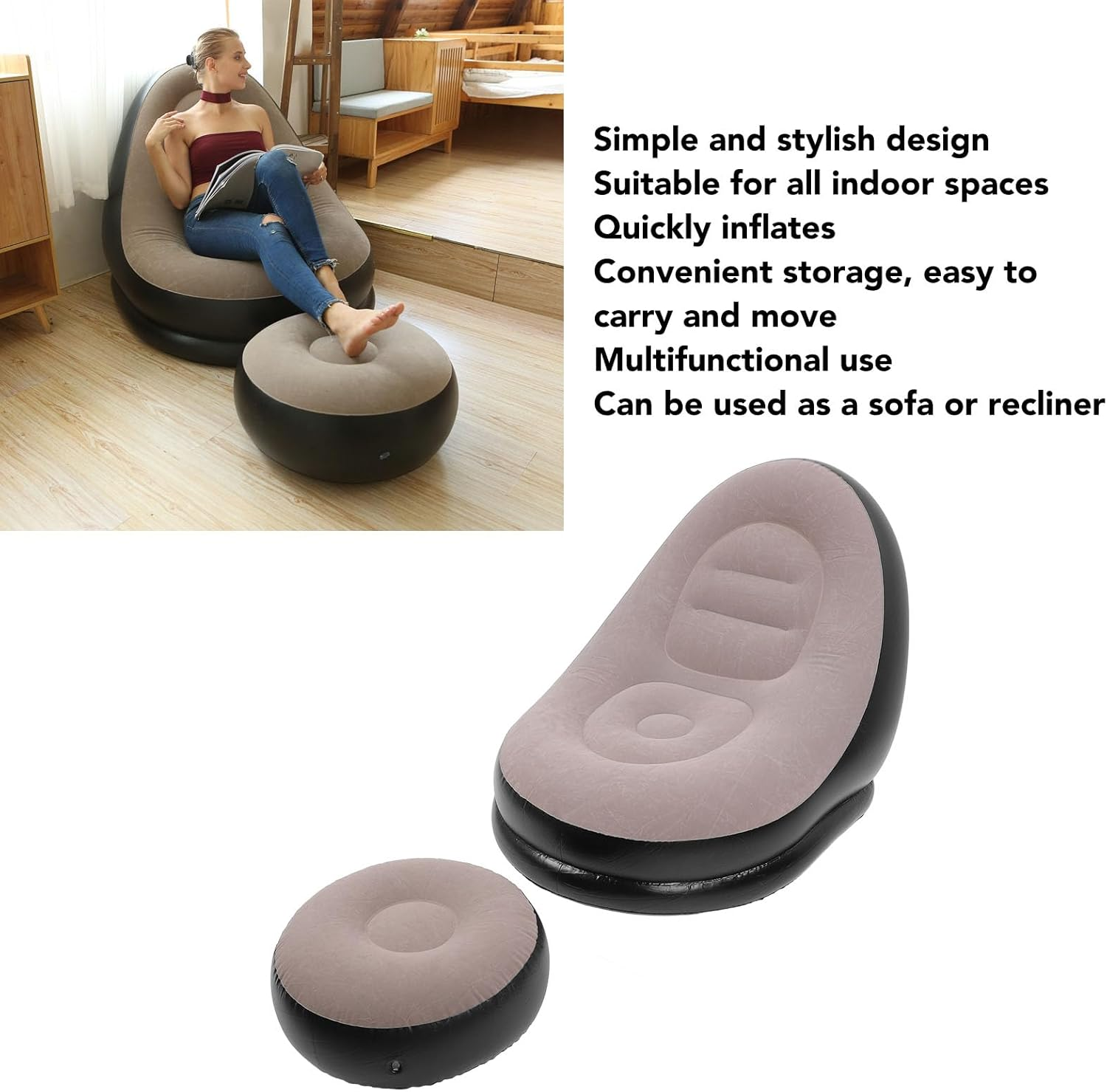 Bewinner Inflatable Sofa Chair with Footstool, Stylish Blow up Chair, Flocking Lounge Sofa Soft Camping Chair for Living Room Outdoor Travel Camping (Coffee) image number 1