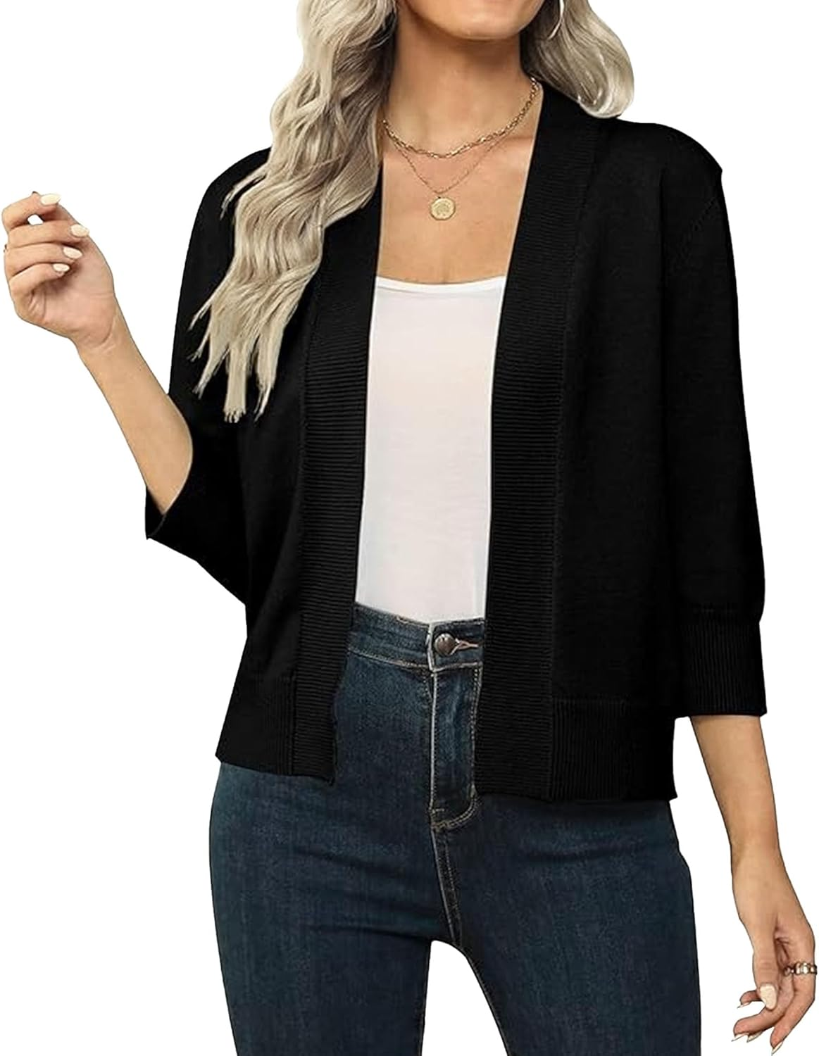 Women'S 3/4 Sleeve Cardigan Knit Sweaters Cropped Open Front Shrug Bolero Lightweight Cardigans 2025 Trendy image number 4