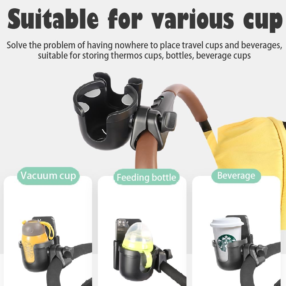 Honeteek Stroller Cup Holder with Phone Holder, 2-In-1 Universal Cup Holder Attachment for Doona Strollers Walker Bike Wheelchair, 360&deg; Rotatable Adjustable Water Drink Bottle Doona Trike Accessories image number 2