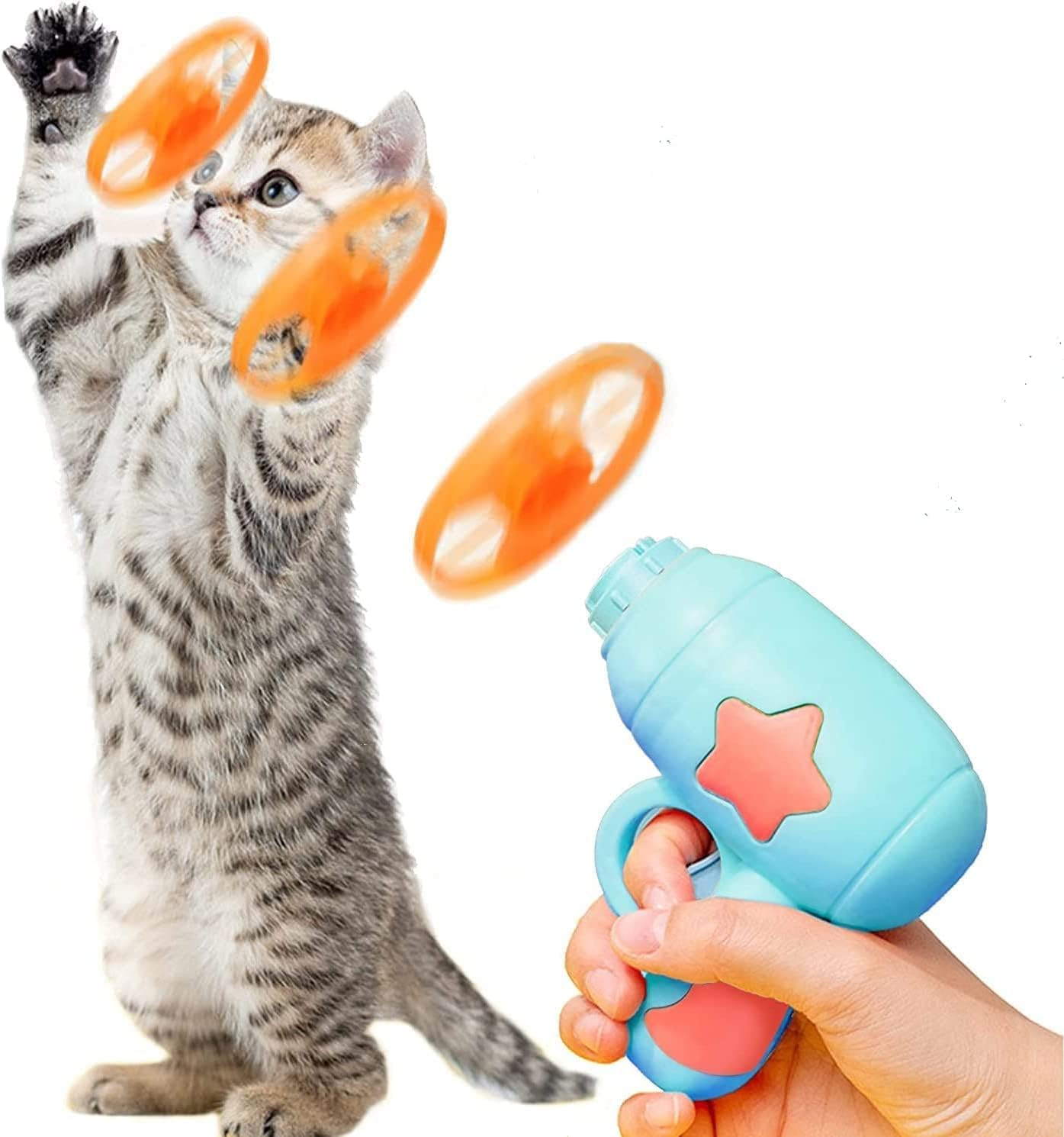 Gamrong Cat Toy Cat Fetch Toy Pet Toy for Cat, Cat Toy Sets 4 Launchers and 20 Colourful Flying Chasing Saucer Propellers for Interactive, Training, Hunting, Hitting image number 5